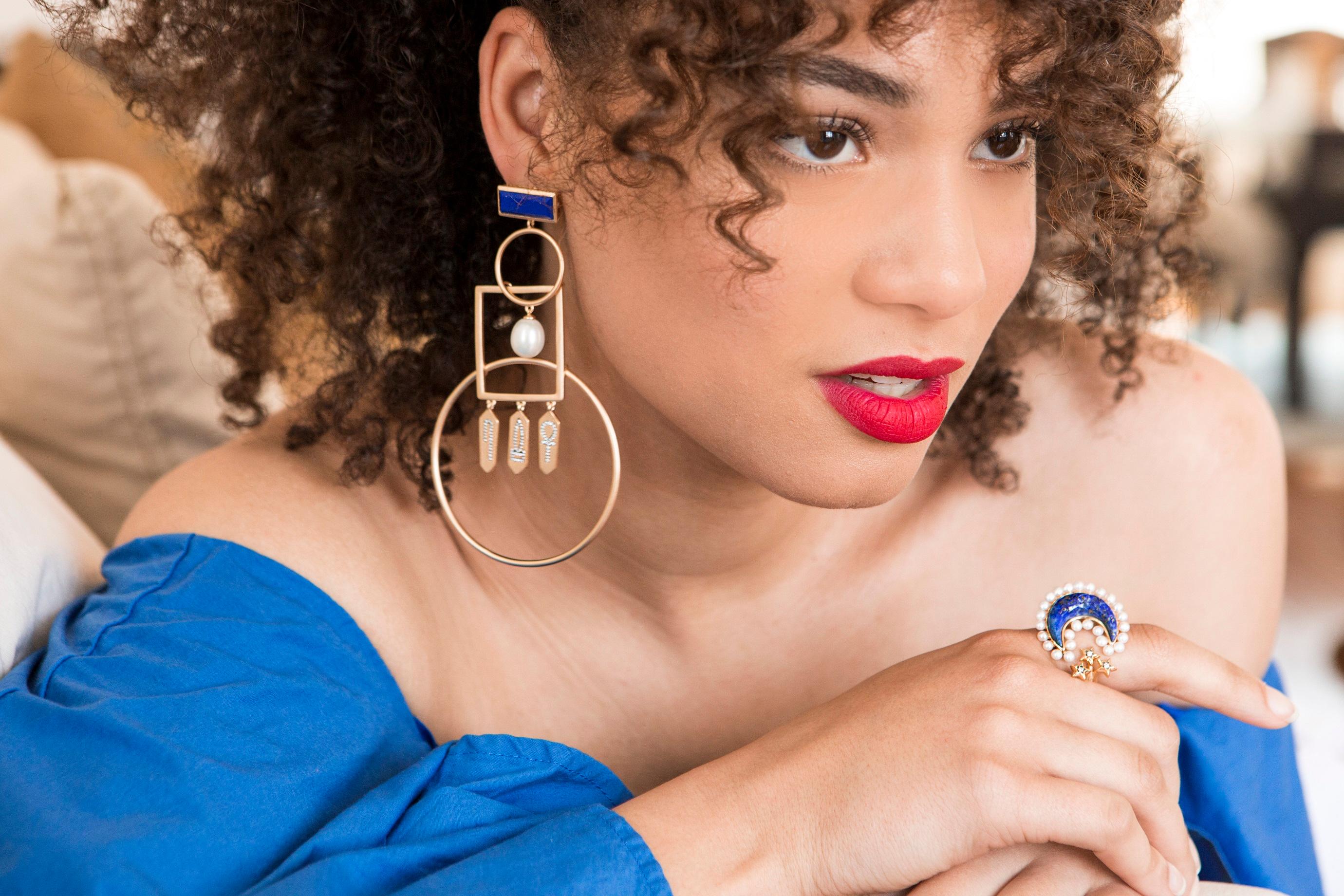 Princess Cut Statement Interlocked Hoop Earrings with Hieroglyphic Amulets Vermeil Gold For Sale