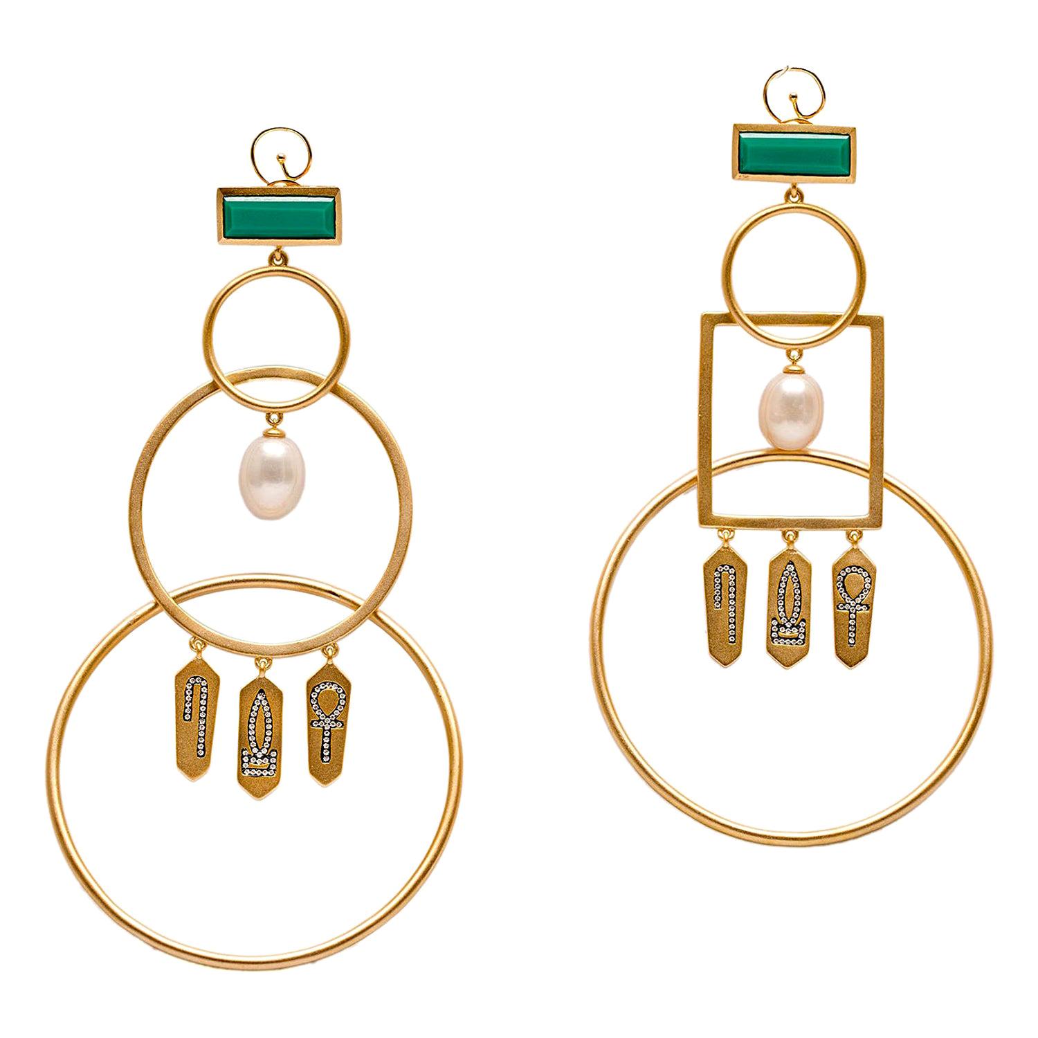 Statement Interlocked Hoop Earrings with Hieroglyphic Amulets Vermeil Gold For Sale