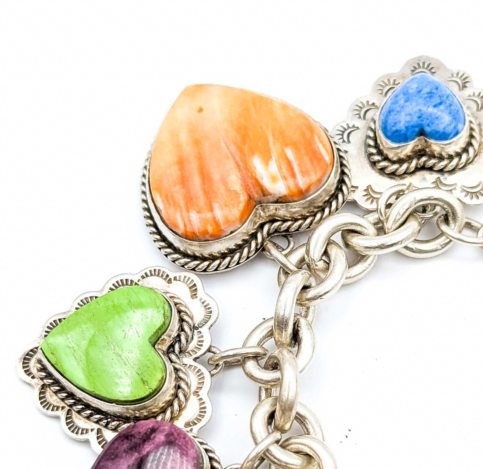 Statement Joan Slifka Sterling Silver Multi-Stone Heart Charm Bracelet For Sale 4