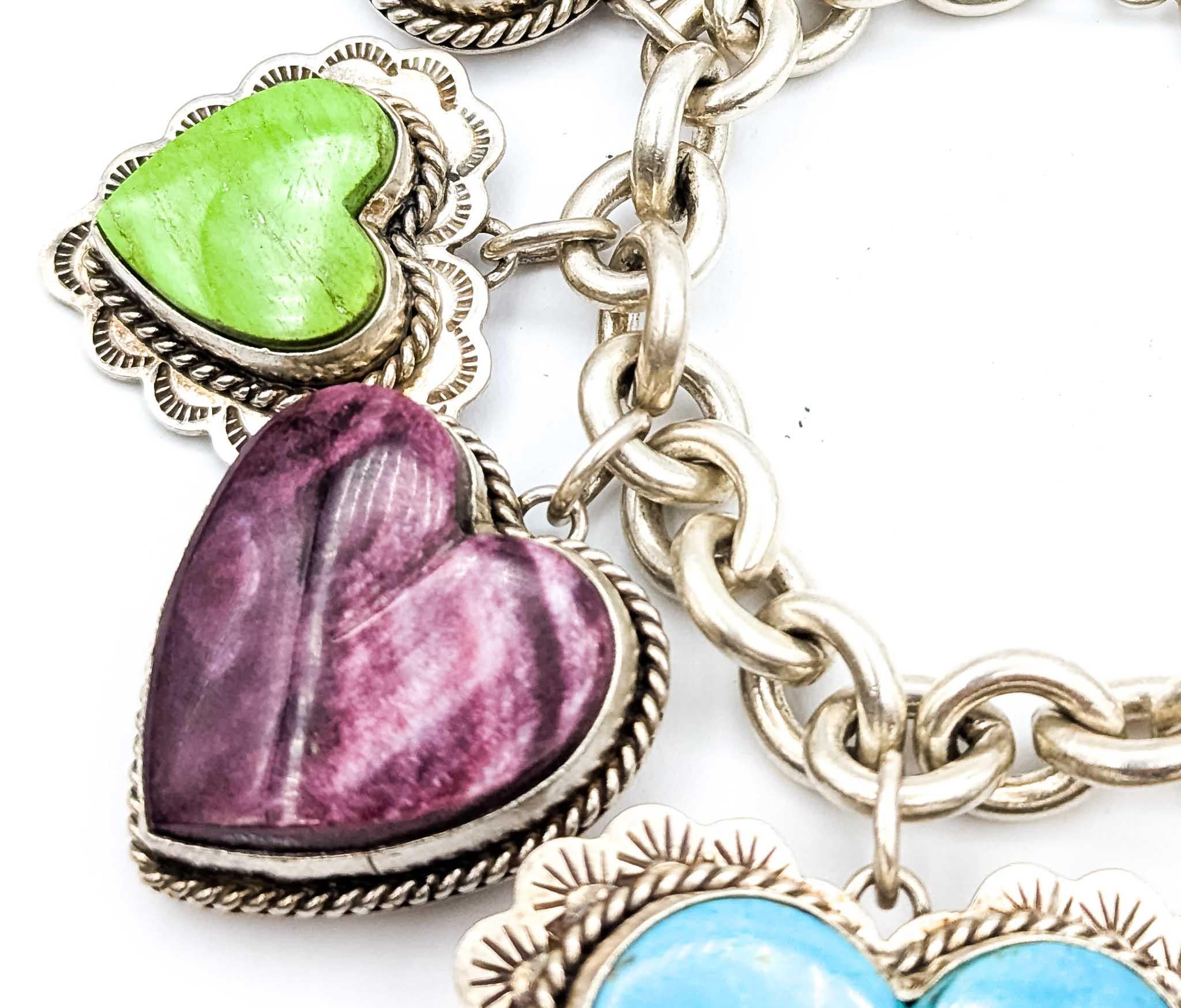 Statement Joan Slifka Sterling Silver Multi-Stone Heart Charm Bracelet For Sale 5