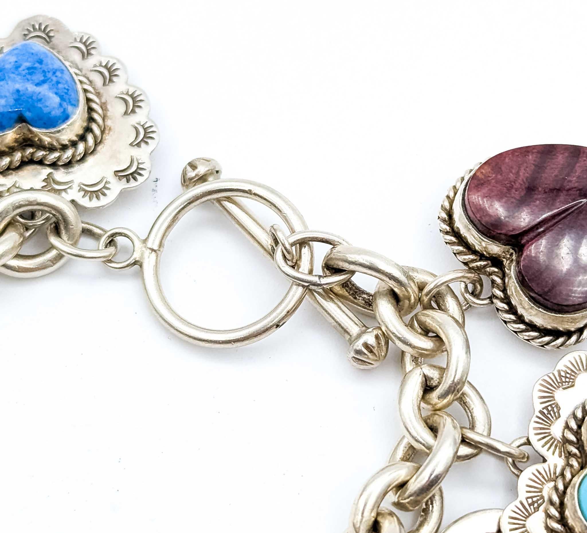 Statement Joan Slifka Sterling Silver Multi-Stone Heart Charm Bracelet For Sale 6