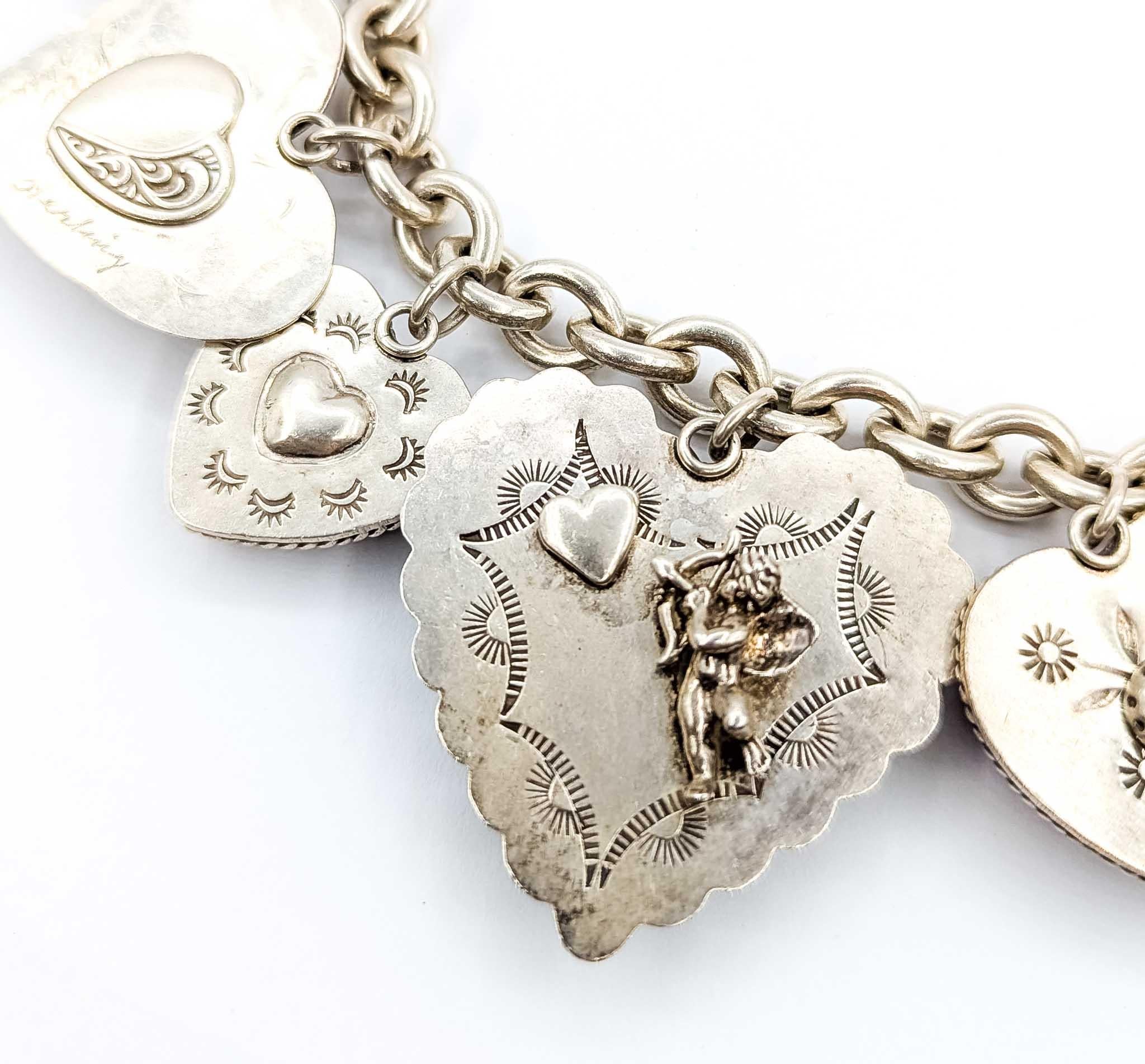 Statement Joan Slifka Sterling Silver Multi-Stone Heart Charm Bracelet For Sale 7