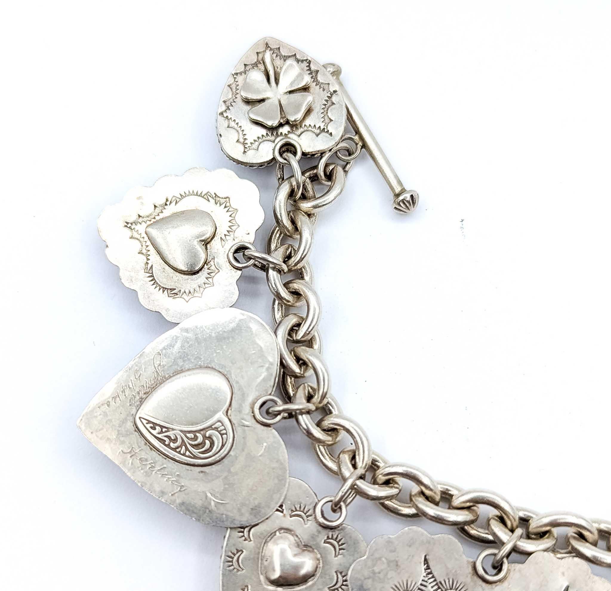 Statement Joan Slifka Sterling Silver Multi-Stone Heart Charm Bracelet For Sale 8