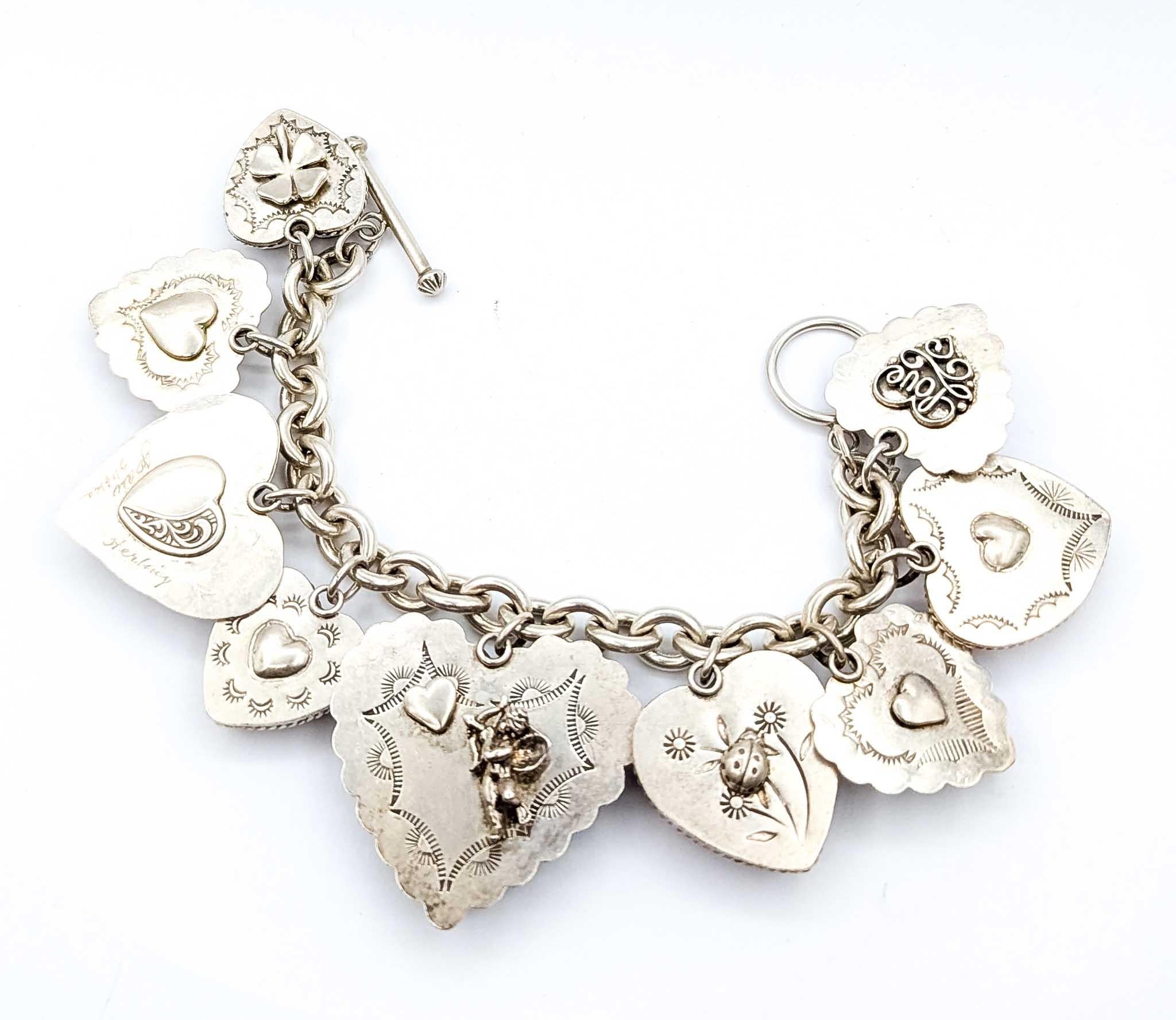 Statement Joan Slifka Sterling Silver Multi-Stone Heart Charm Bracelet For Sale 9