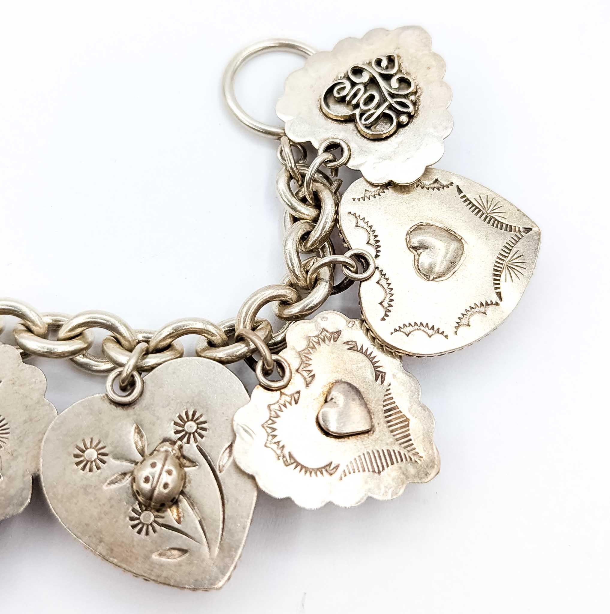Statement Joan Slifka Sterling Silver Multi-Stone Heart Charm Bracelet For Sale 10