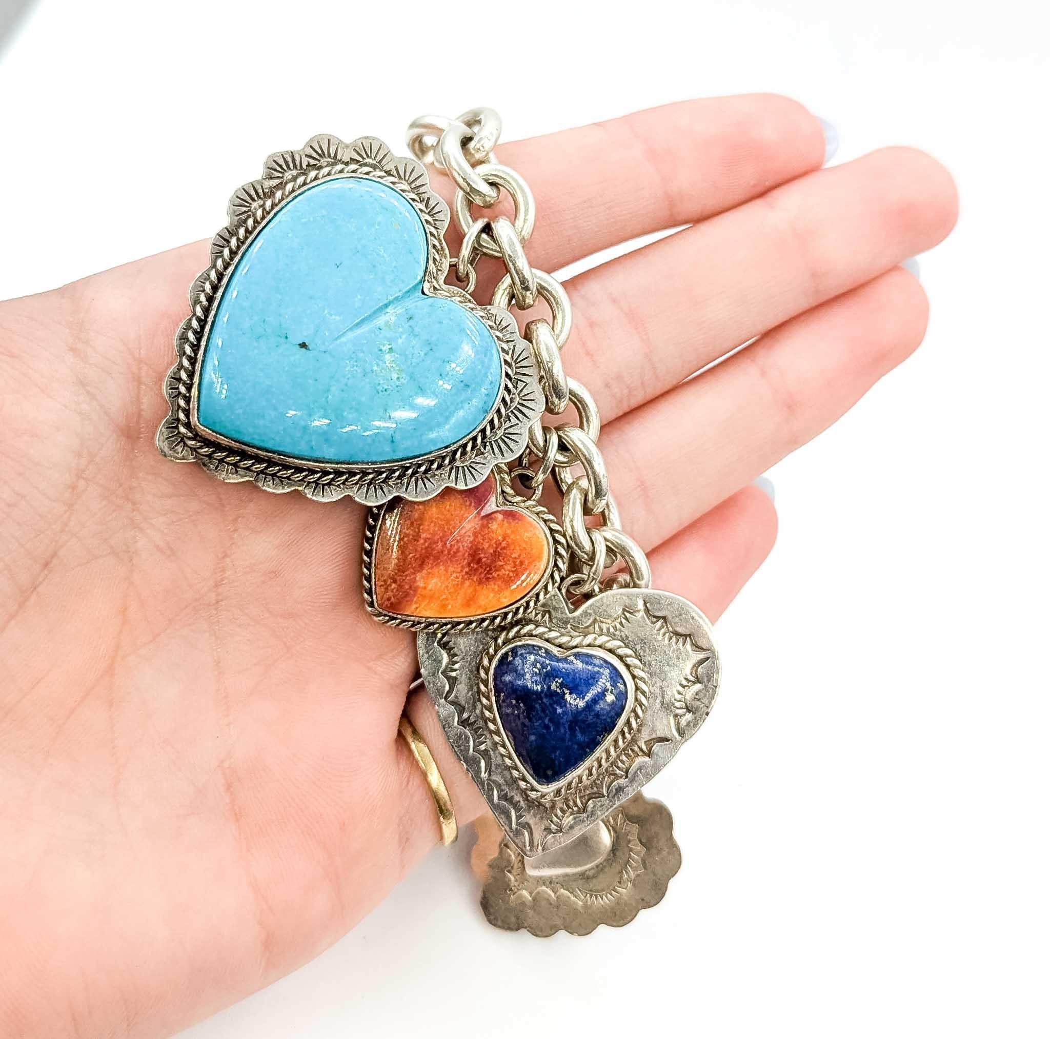 Native American Statement Joan Slifka Sterling Silver Multi-Stone Heart Charm Bracelet For Sale