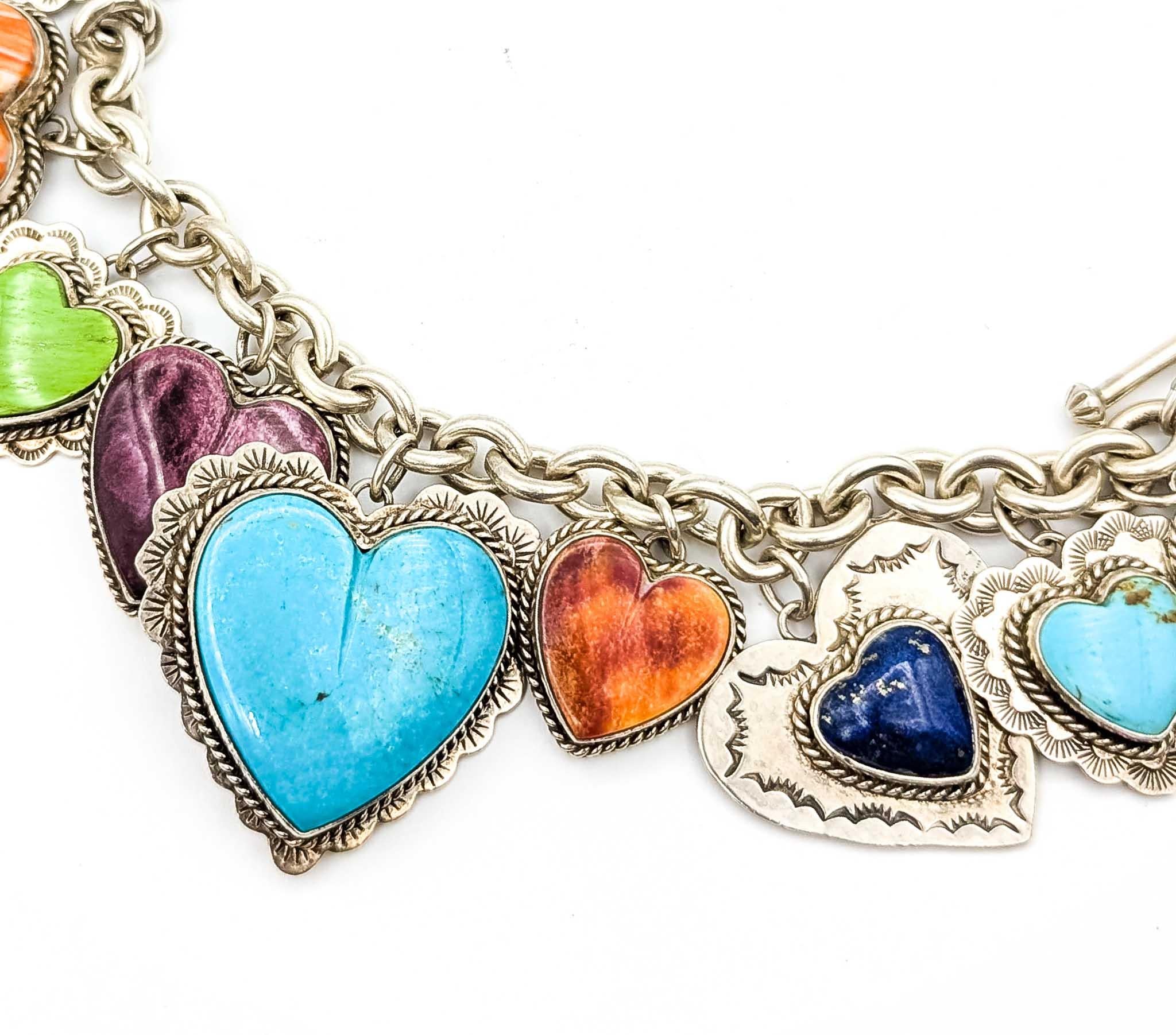Heart Cut Statement Joan Slifka Sterling Silver Multi-Stone Heart Charm Bracelet For Sale