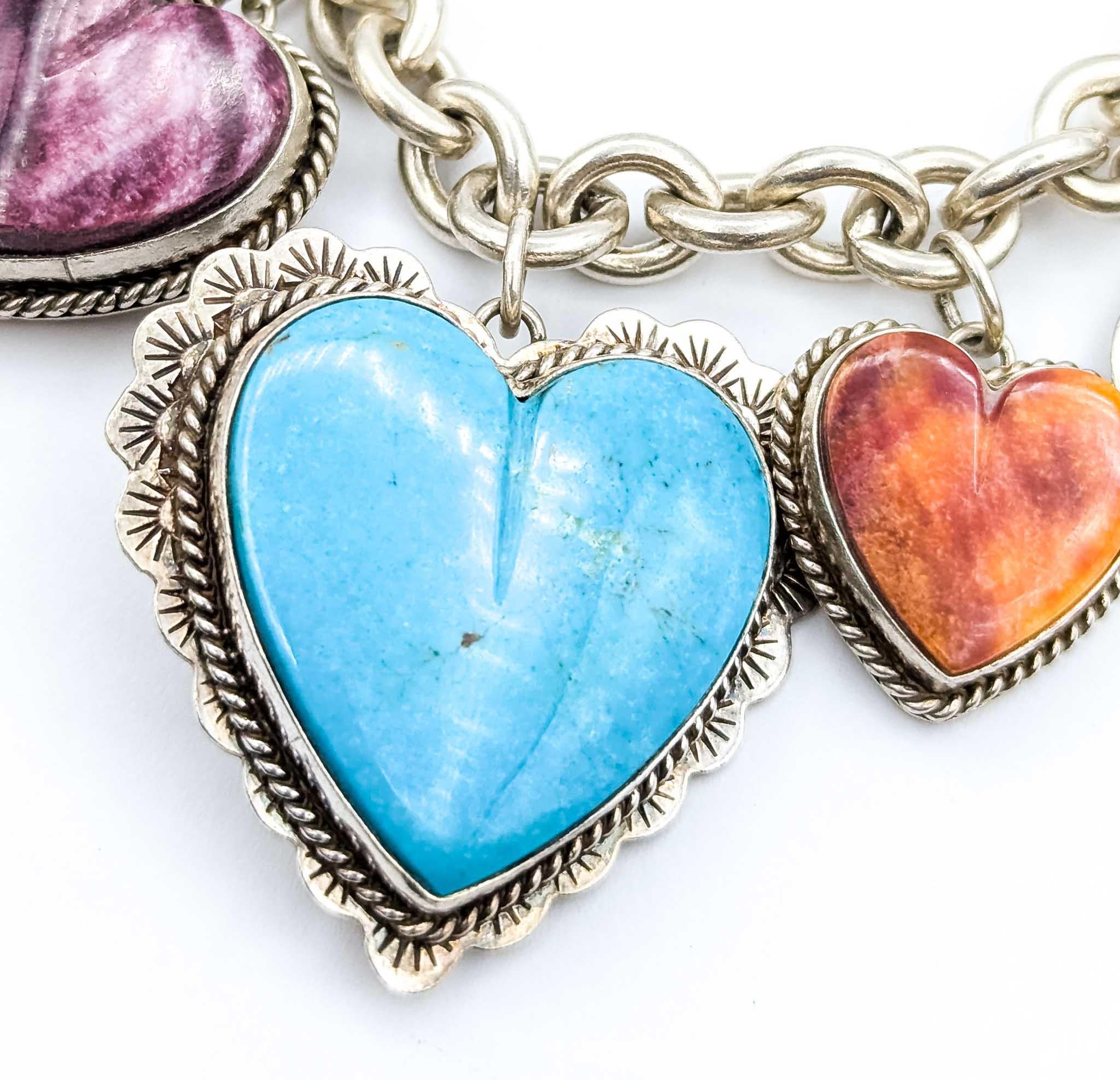 Statement Joan Slifka Sterling Silver Multi-Stone Heart Charm Bracelet In Excellent Condition For Sale In Bloomington, MN