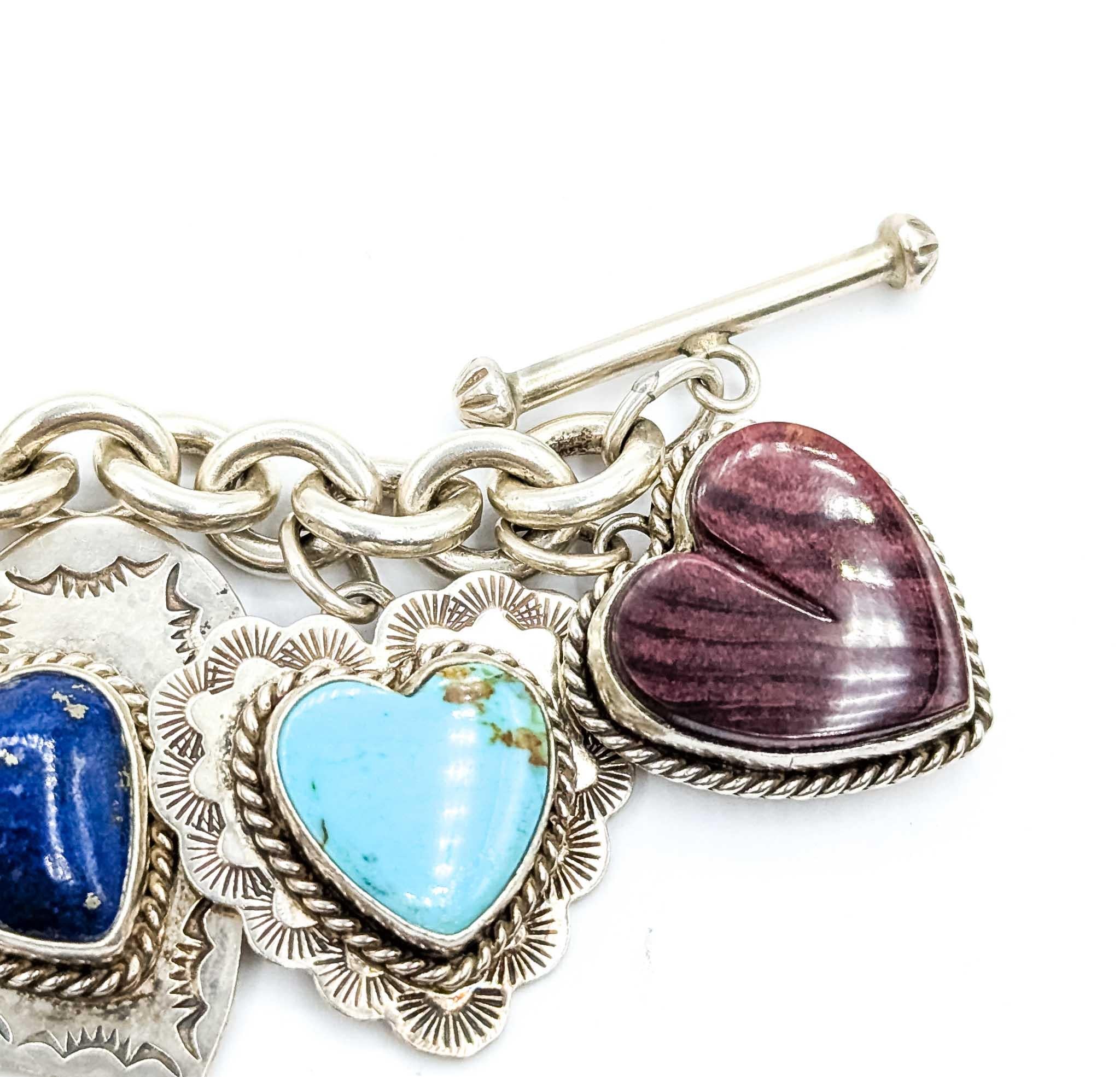 Women's Statement Joan Slifka Sterling Silver Multi-Stone Heart Charm Bracelet For Sale
