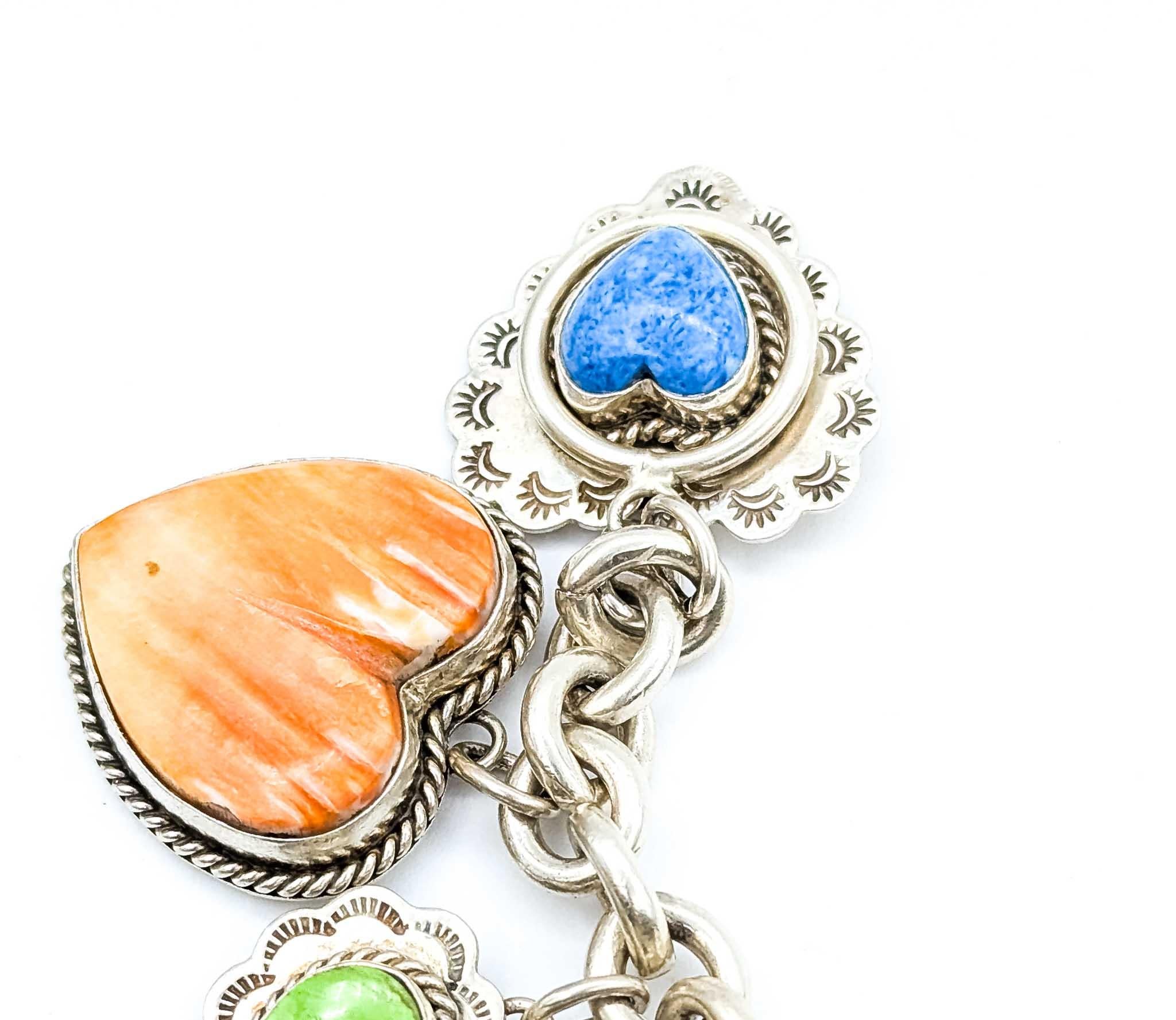 Statement Joan Slifka Sterling Silver Multi-Stone Heart Charm Bracelet For Sale 1