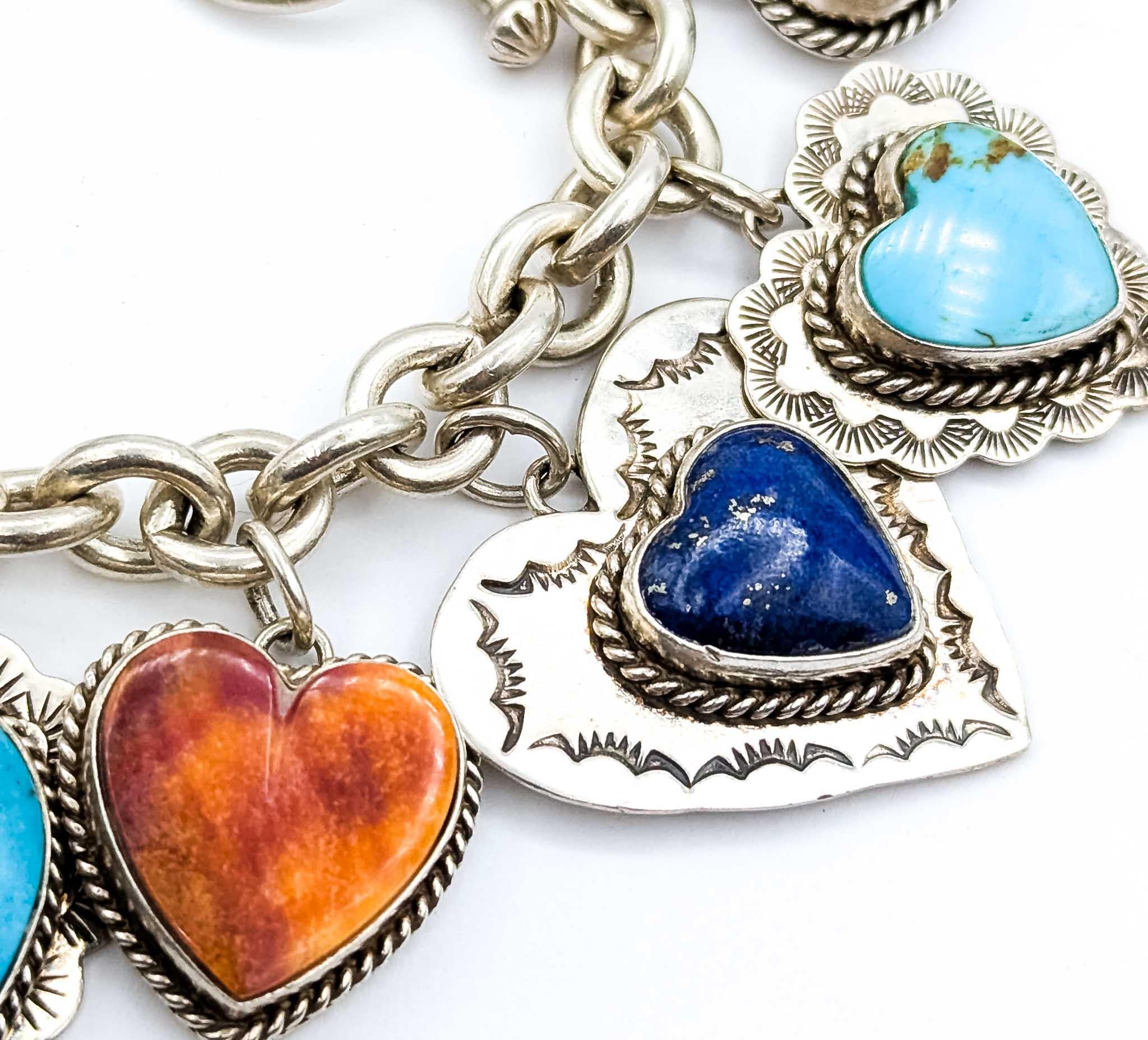 Statement Joan Slifka Sterling Silver Multi-Stone Heart Charm Bracelet For Sale 2