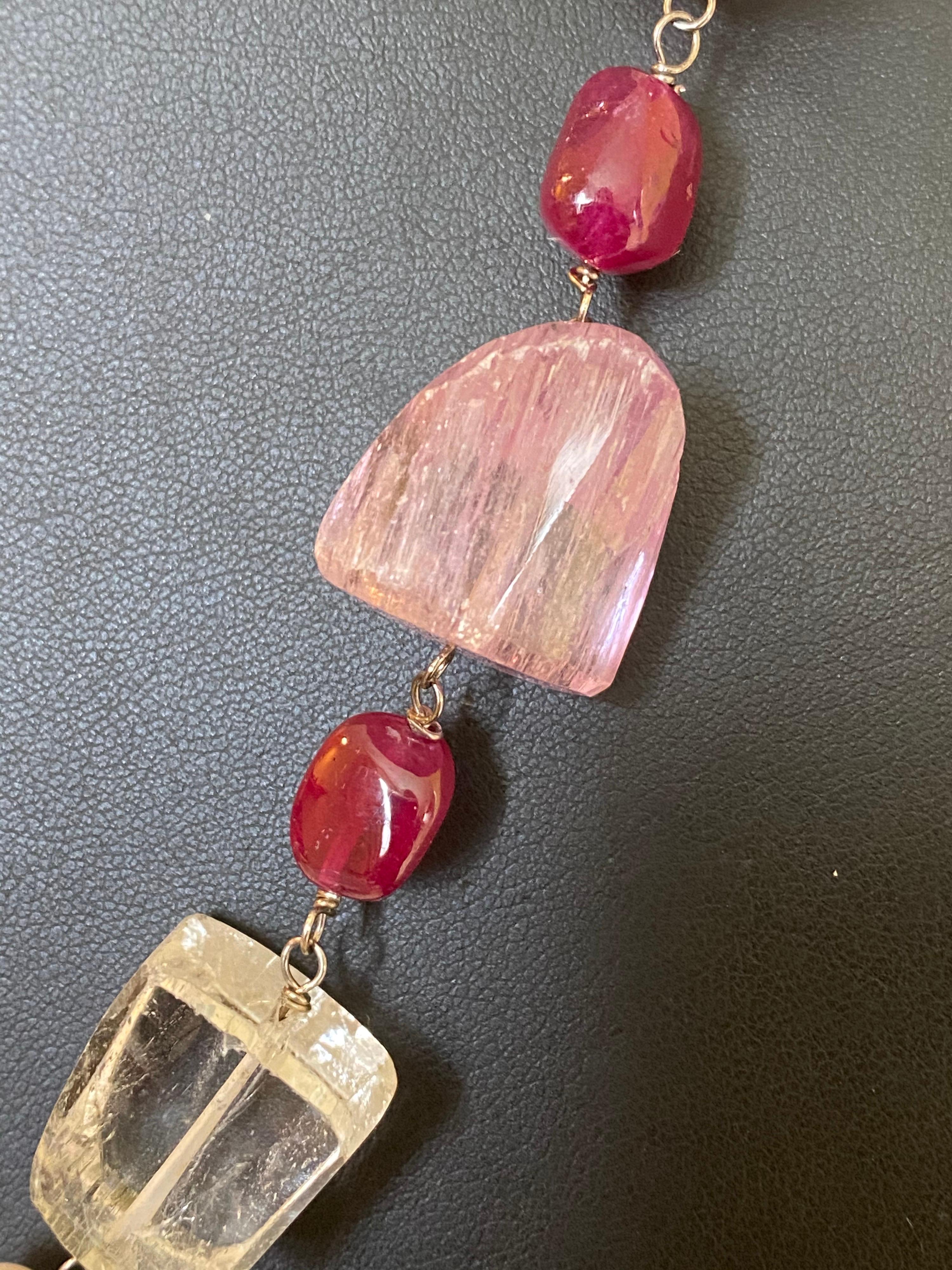 Artisan Statement Kunzite, Ruby, and Quartz Gemstone Necklace with a Diamond Gold Clasp For Sale