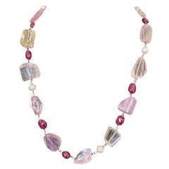 Statement Kunzite, Ruby, and Quartz Gemstone Necklace with a Diamond Gold Clasp