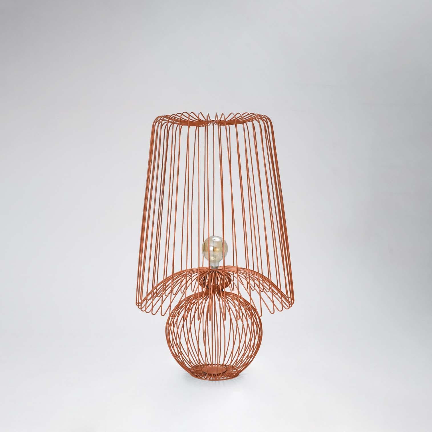 Floor lamp in rookwood terra cotta.

Achieving perfect harmony between light and transparency, this handmade wired piece can be used either for lighting or as a contemporary decorative item and statement lamp. With its distinctive design derived