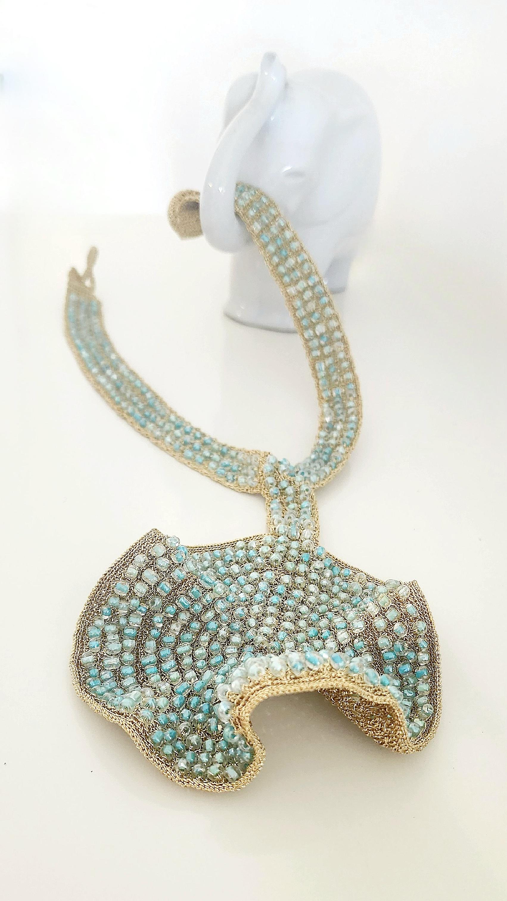 Artisan Statement Light Blue Glass Beads Crochet Necklace Light Golden Thread For Sale