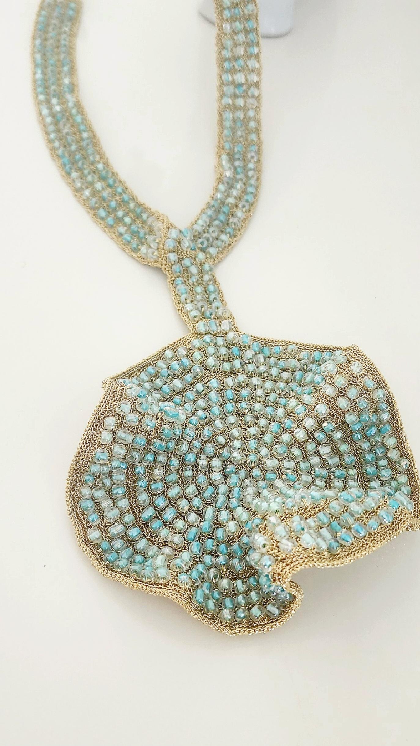 Statement Light Blue Glass Beads Crochet Necklace Light Golden Thread In New Condition For Sale In Kfar Sava, IL