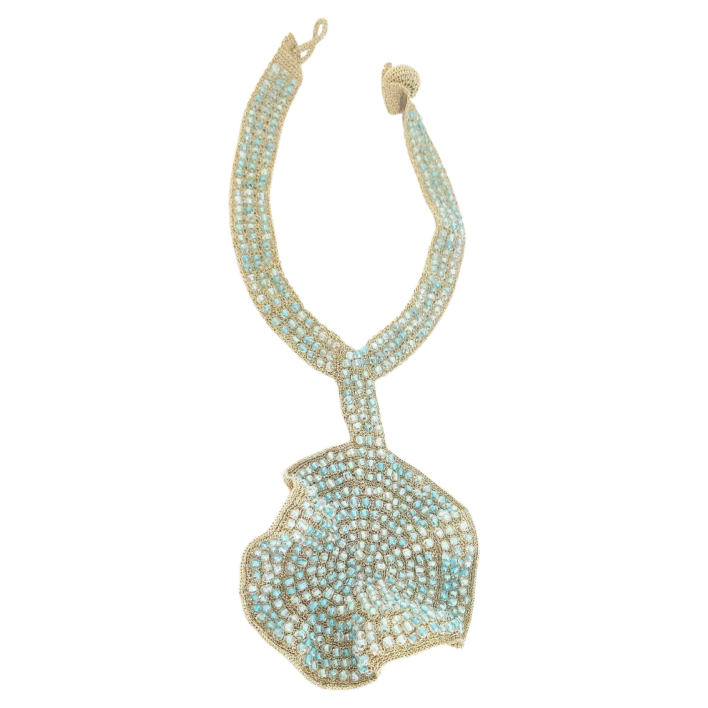 Statement Light Blue Glass Beads Crochet Necklace Light Golden Thread For Sale