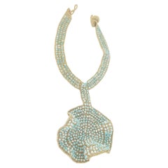 Statement Light Blue Glass Beads Crochet Necklace Light Golden Thread