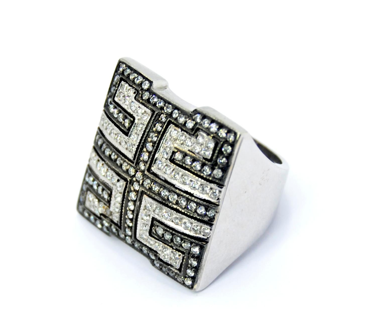 Modernist Statement Mosaic Ring in White and Black Diamonds in 18 Karat White Gold  For Sale