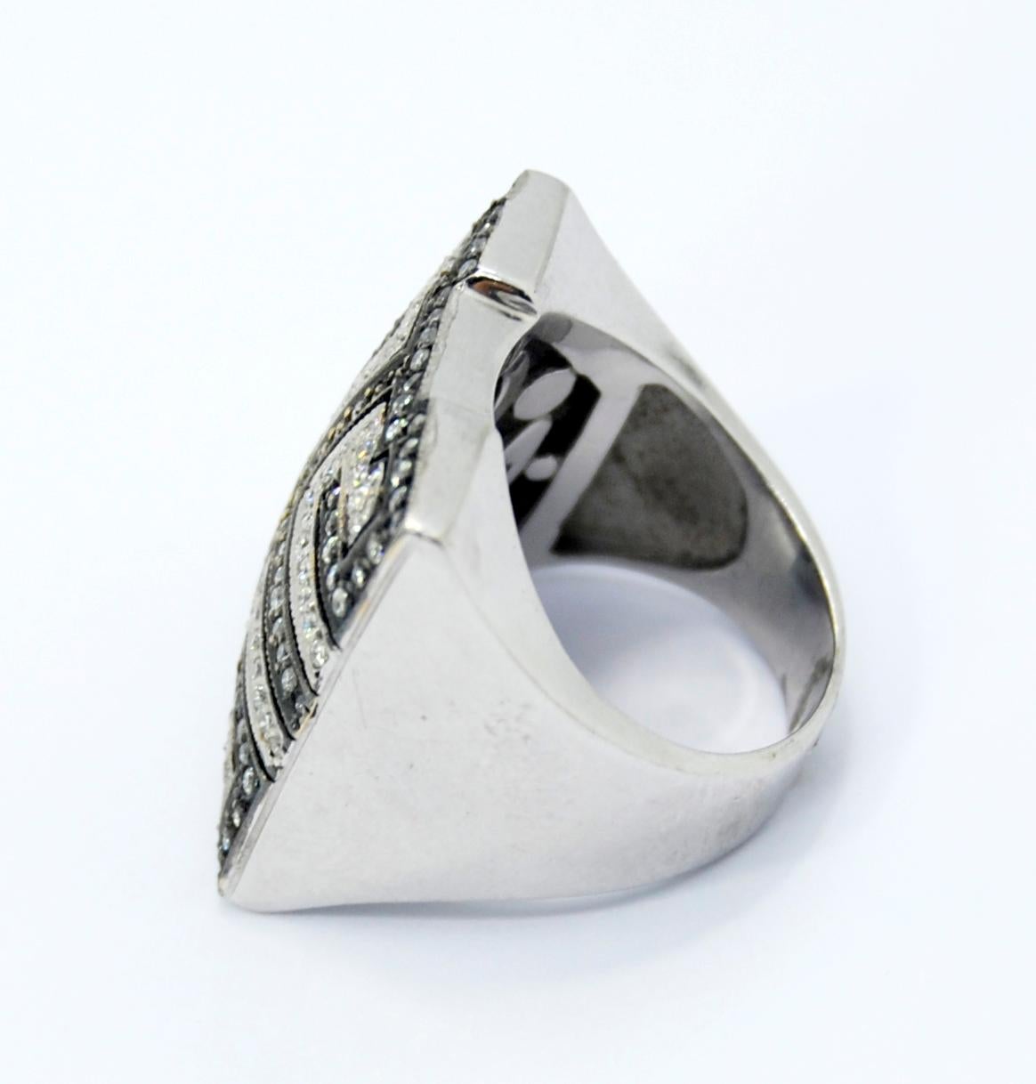 Brilliant Cut Statement Mosaic Ring in White and Black Diamonds in 18 Karat White Gold  For Sale