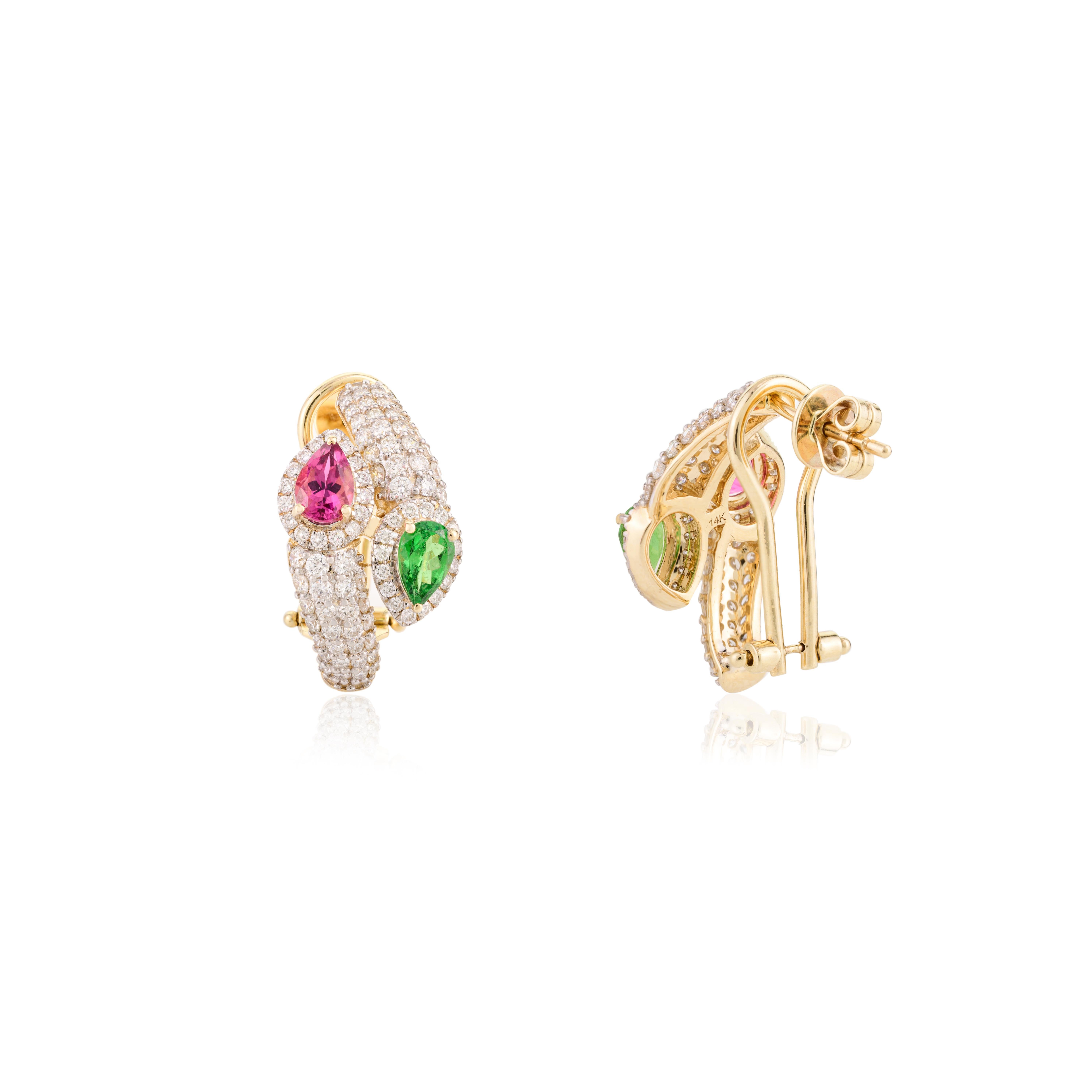 Donna Orecchini da donna a clip con diamanti e pietre multiple, in oro giallo massiccio 14k in vendita