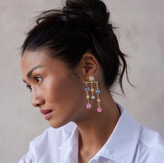 Statement Multi-Stone Drop Earrings. GIA Diamonds, White, Pink & Blue Sapphires
