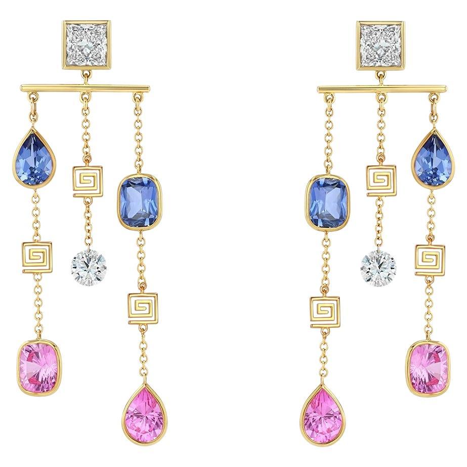 Orecchini a goccia con più pietre. GIA Diamanti, Zaffiri rosa e blu in vendita