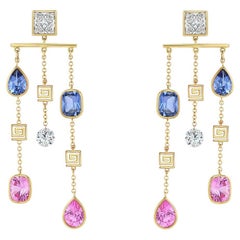 Statement Multi-Stone Drop Earrings. GIA Diamonds, Pink & Blue Sapphires