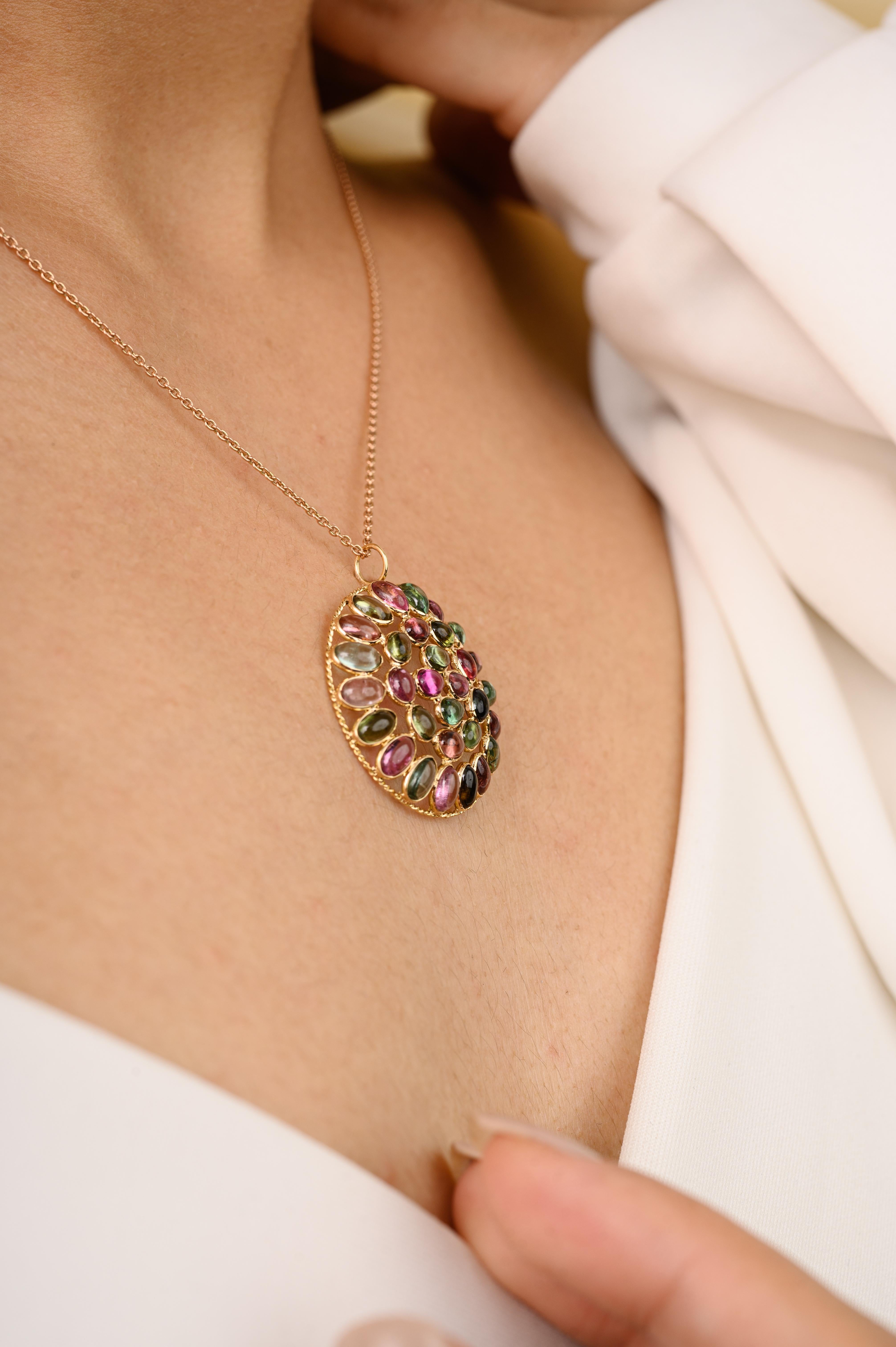 Statement Multi Tourmaline Round Shape Pendant in 18k Yellow Gold for Mom In New Condition For Sale In Houston, TX
