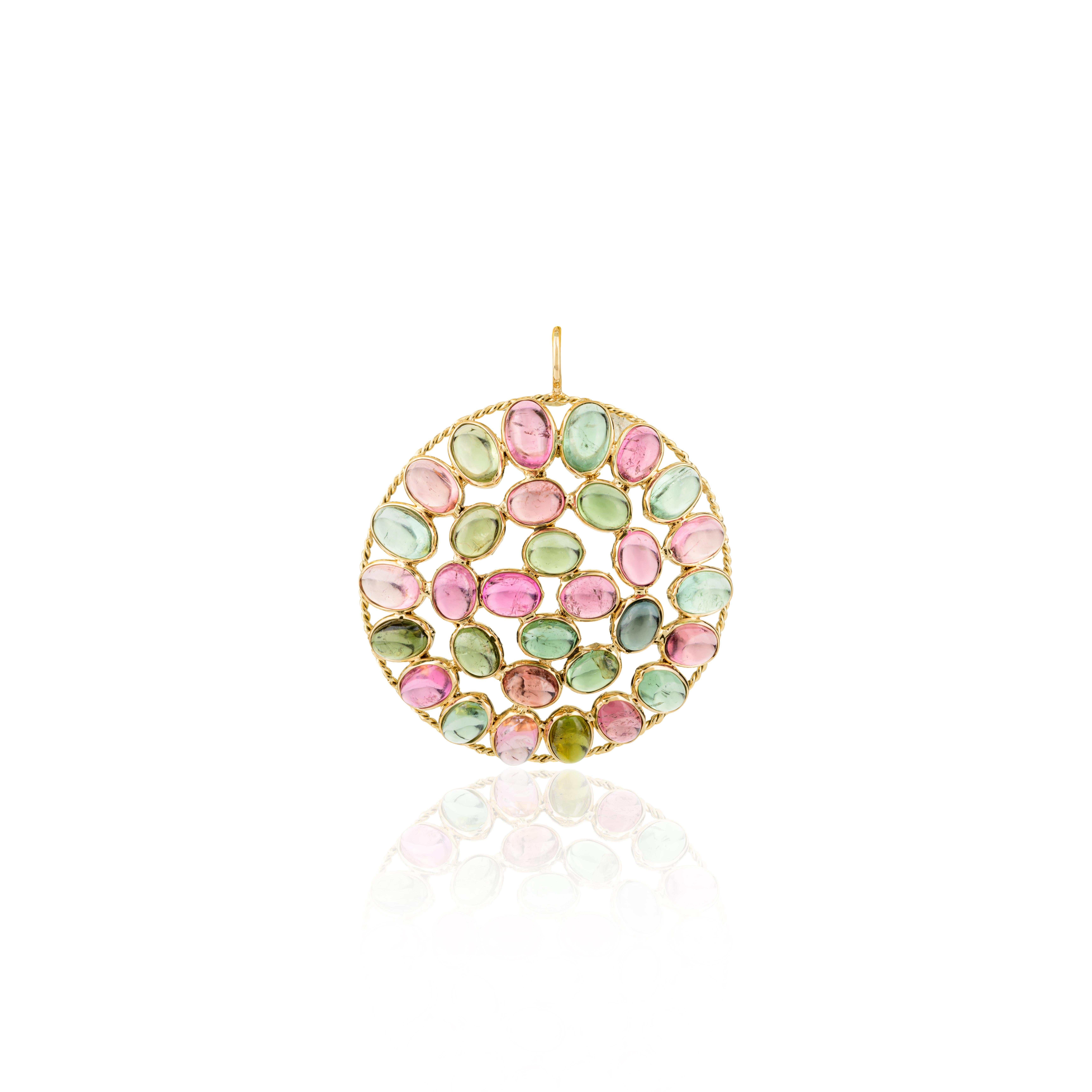 Statement Multi Tourmaline Round Shape Pendant in 18k Yellow Gold for Mom For Sale 2