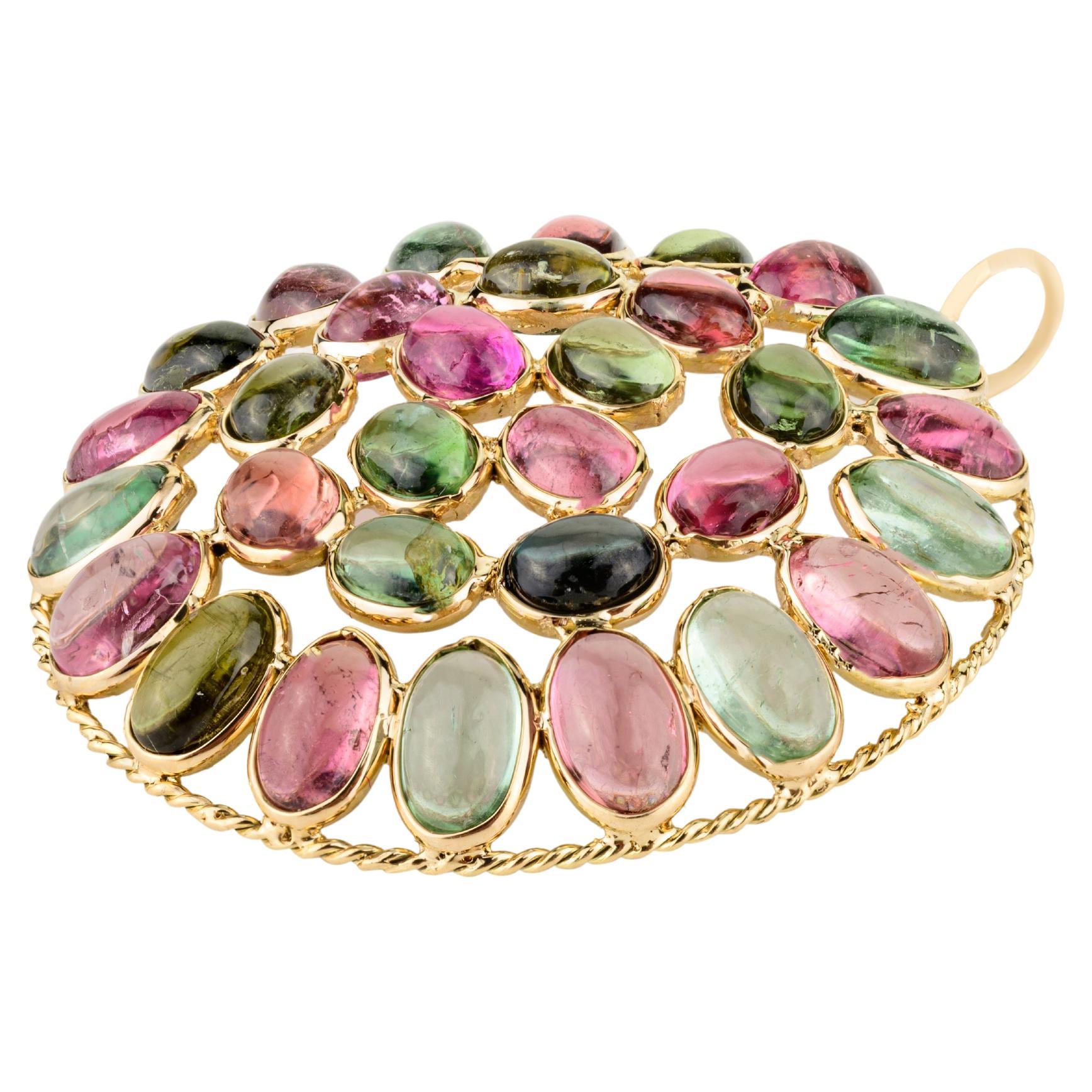 Statement Multi Tourmaline Round Shape Pendant in 18k Yellow Gold for Mom For Sale