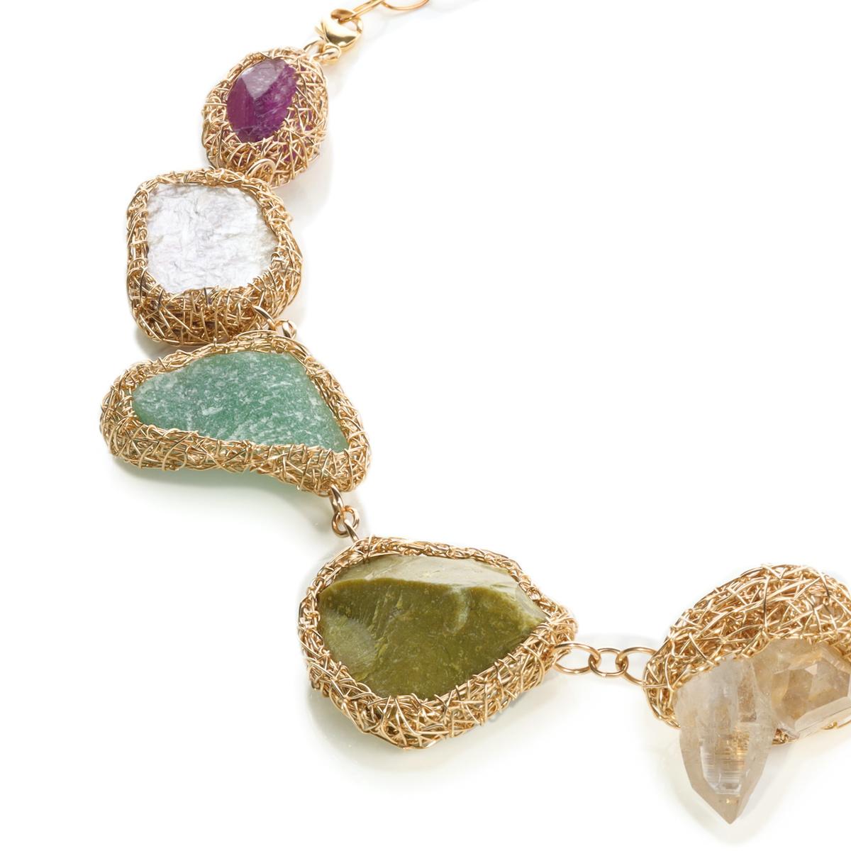 Rough Cut Statement multicolour raw stone Necklace in 14 Kt Yellow Gold F by the artist For Sale