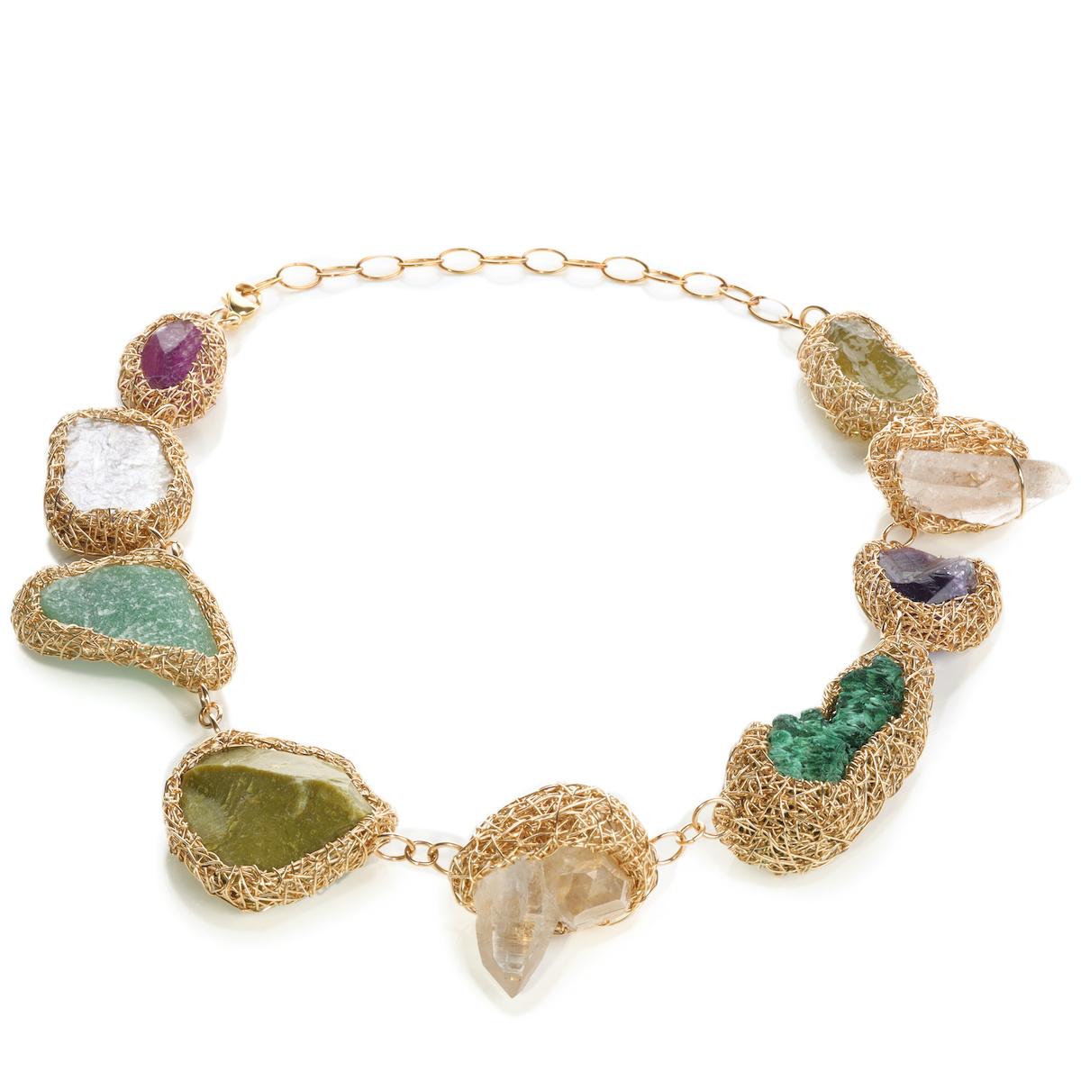 Statement multicolour raw stone Necklace in 14 Kt Yellow Gold F by the artist For Sale 1