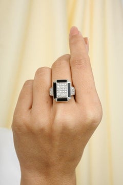 Statement Natural Diamond Enamel Cocktail Ring in 18k Solid White Gold Jewelry