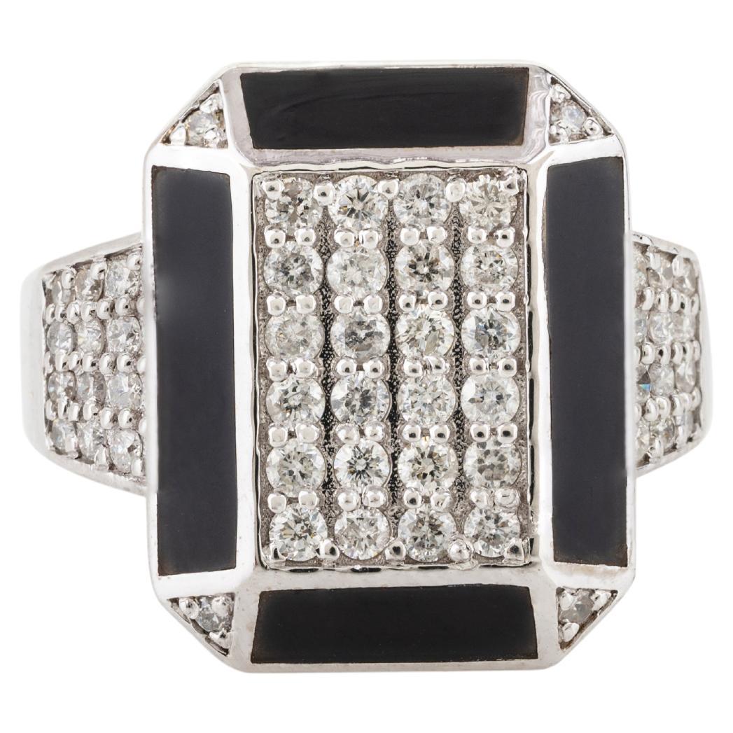 Statement Natural Diamond Enamel Cocktail Ring in 18k Solid White Gold Jewelry