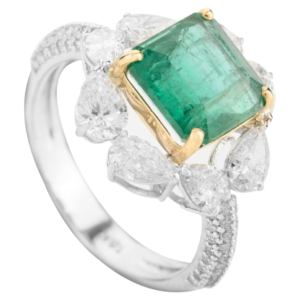 Statement Natural Square Cut Emerald Cocktail Ring Made in 18k Solid White Gold