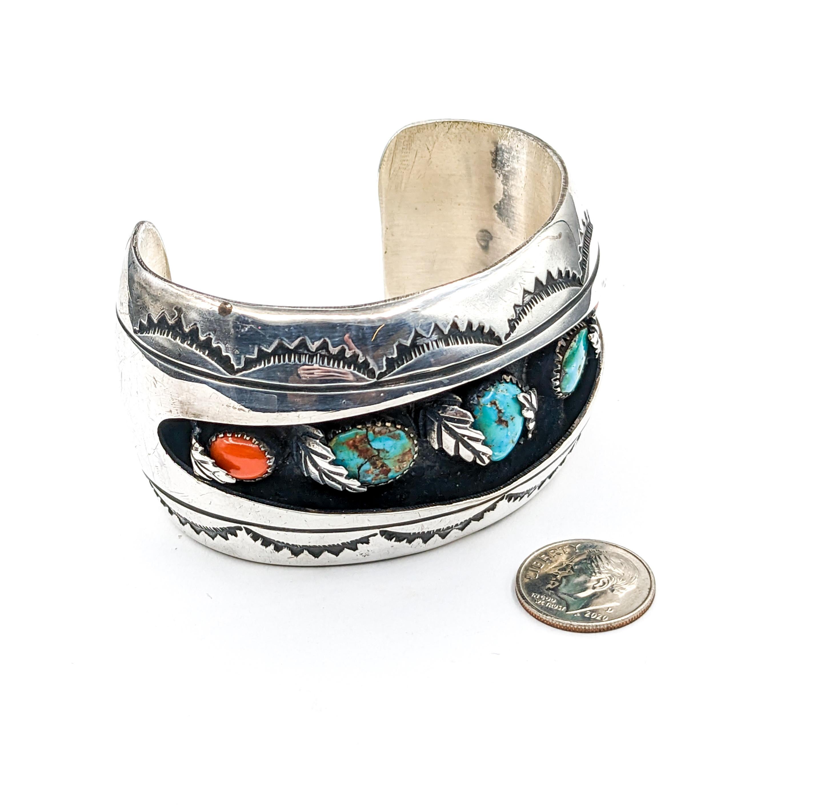 Modern Statement Navajo Turquoise & Coral Cuff Bracelet in Sterling Silver  For Sale