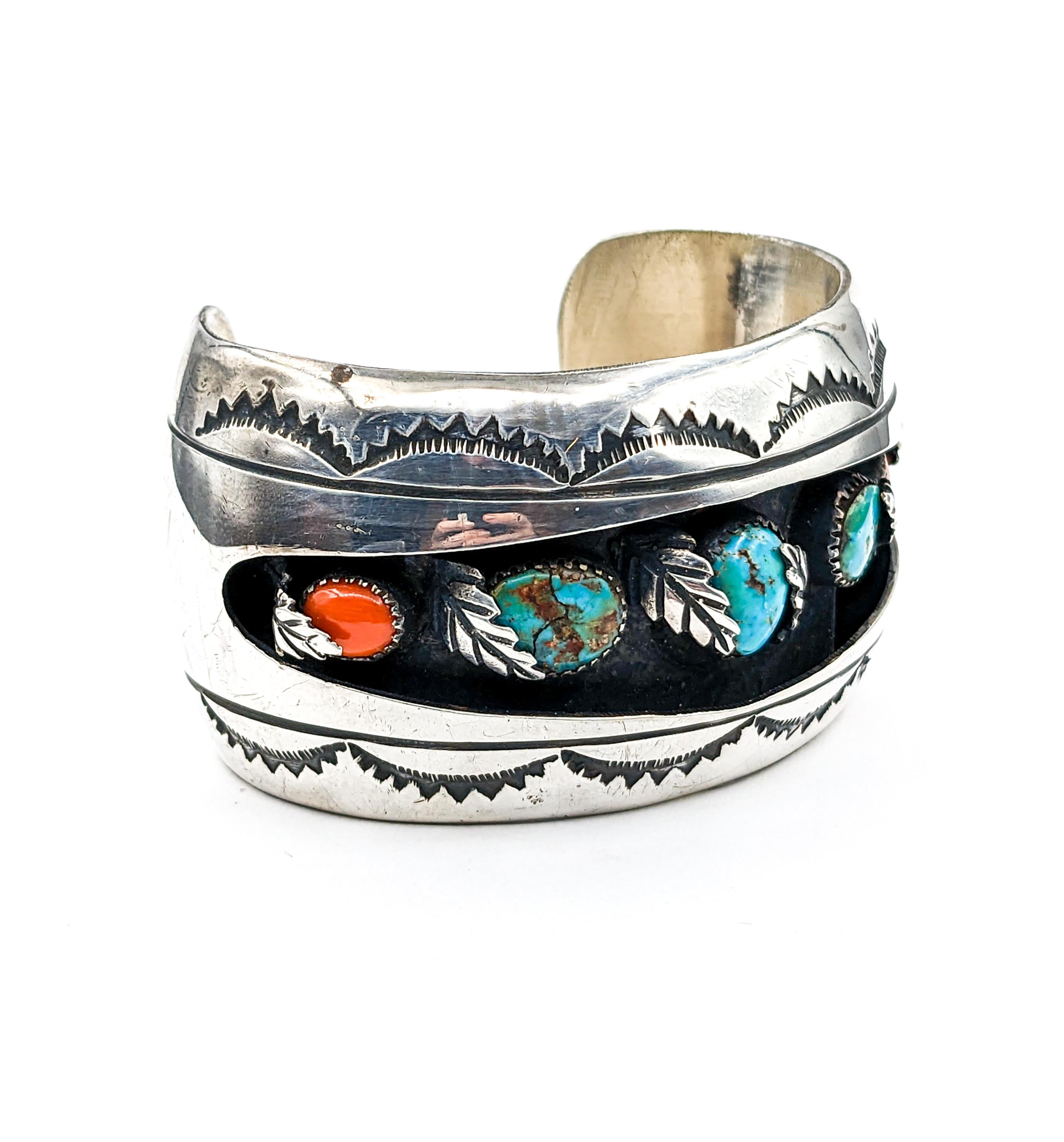 Cabochon Statement Navajo Turquoise & Coral Cuff Bracelet in Sterling Silver  For Sale