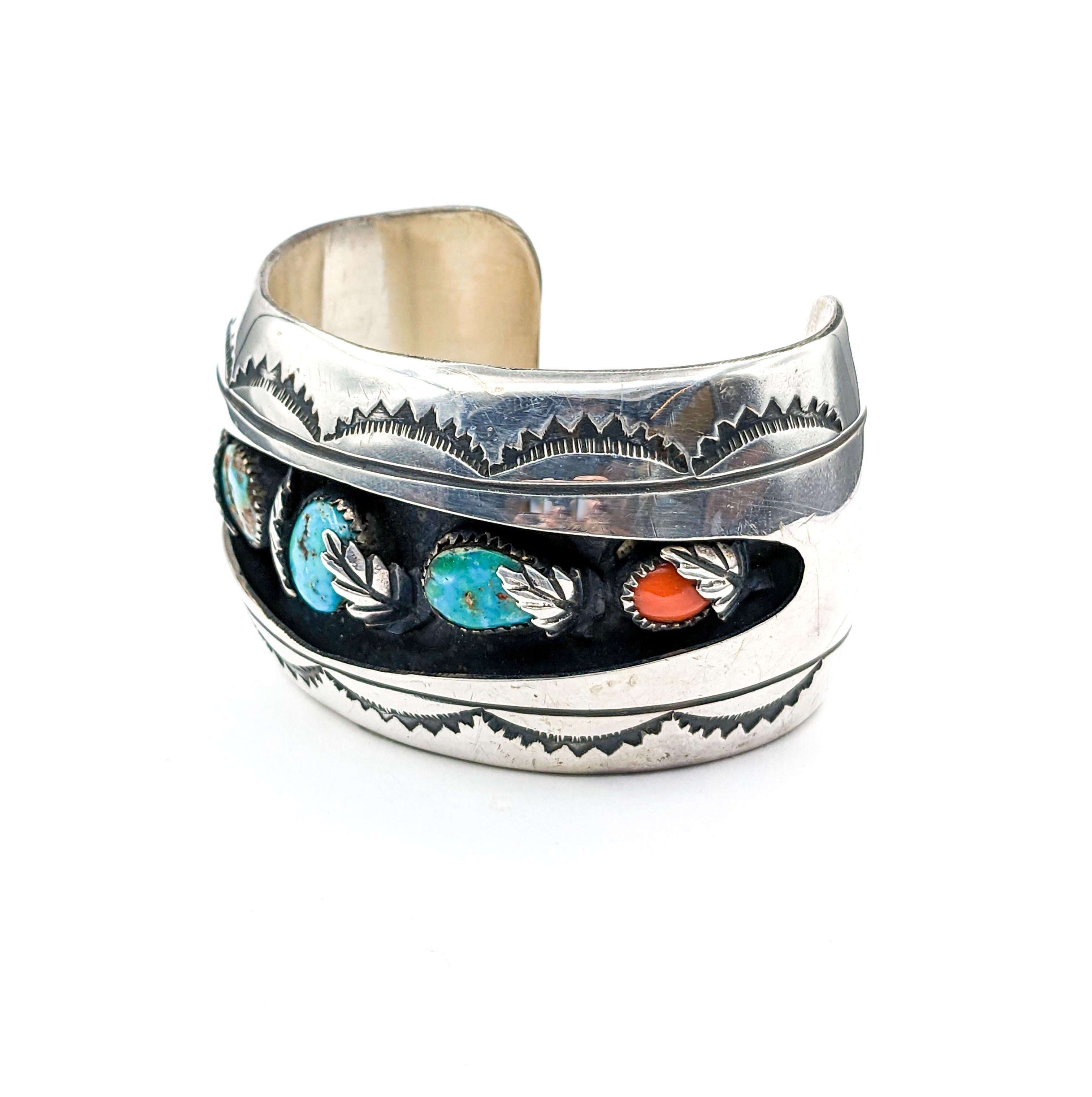 Women's Statement Navajo Turquoise & Coral Cuff Bracelet in Sterling Silver  For Sale