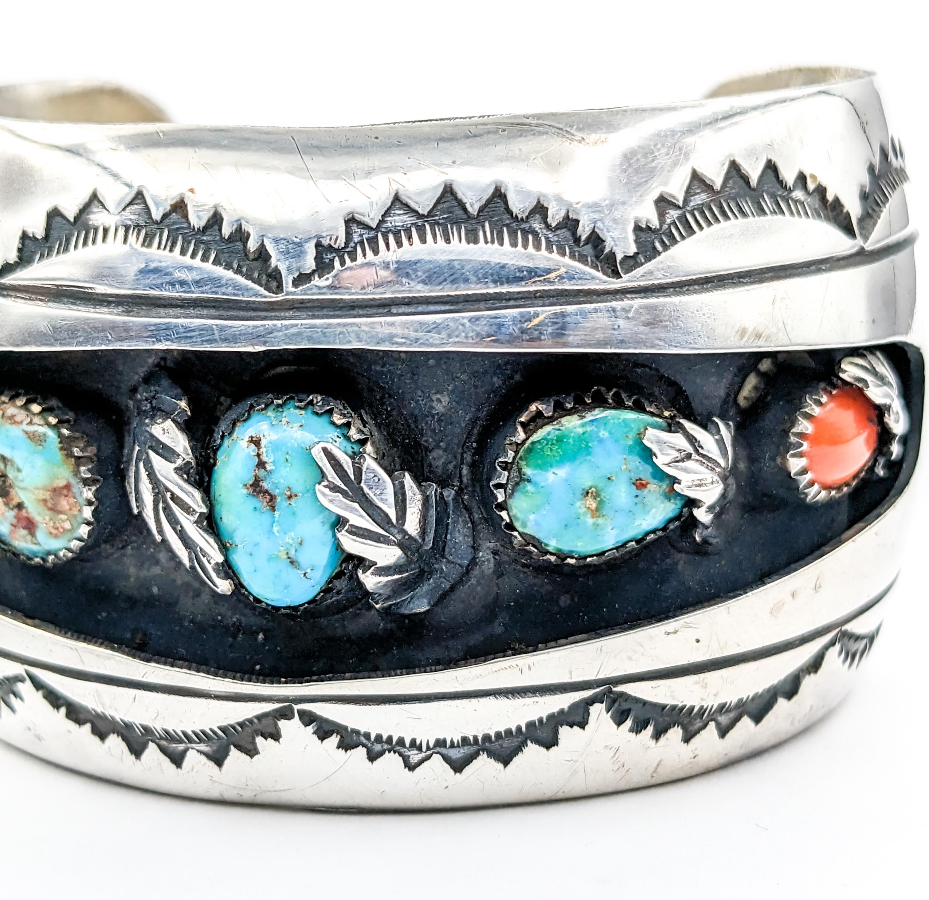 Statement Navajo Turquoise & Coral Cuff Bracelet in Sterling Silver  For Sale 1