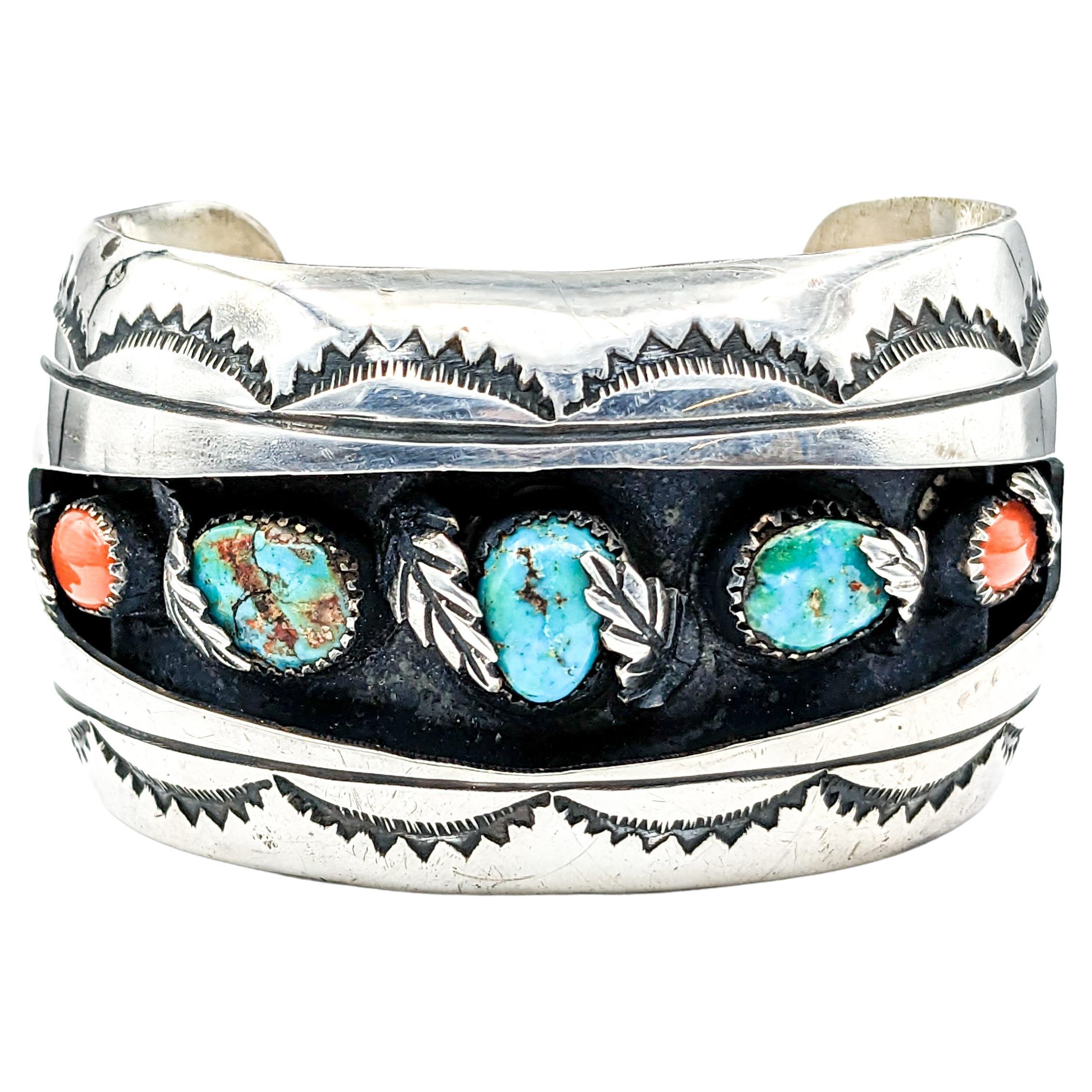 Statement Navajo Turquoise & Coral Cuff Bracelet in Sterling Silver  For Sale