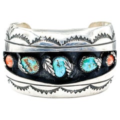 Retro Statement Navajo Turquoise & Coral Cuff Bracelet in Sterling Silver 