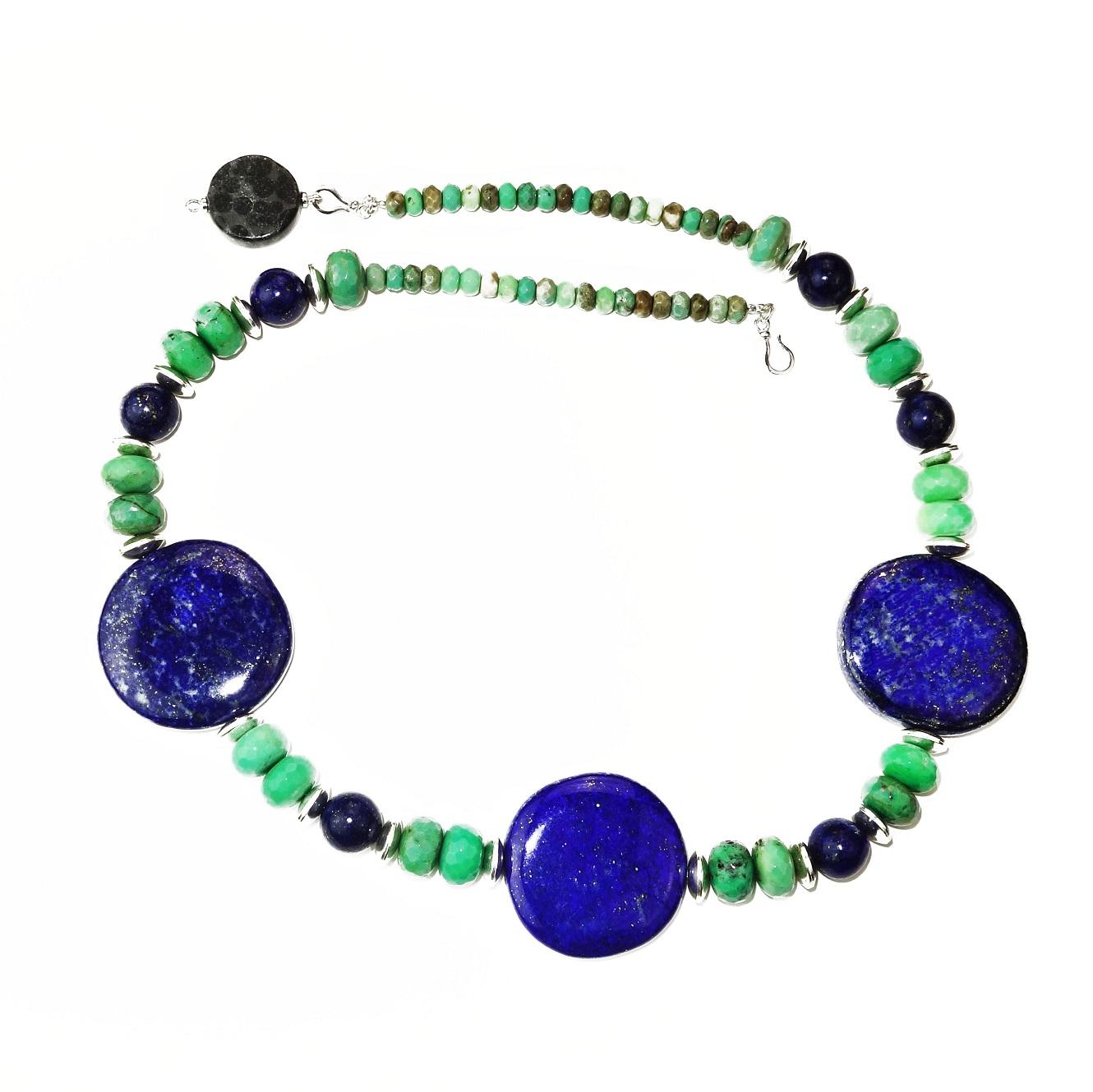 Bead AJD Statement Necklace in Lapis Lazuli, Chrysoprase, and Silver