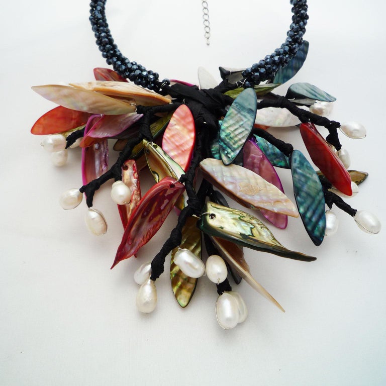 Statement necklace pearls, sea shells and Swarovski stones For Sale at  1stDibs