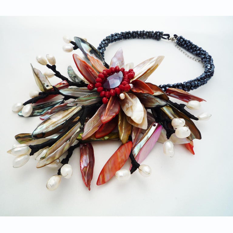 Statement necklace pearls, sea shells and Swarovski stones For Sale at  1stDibs