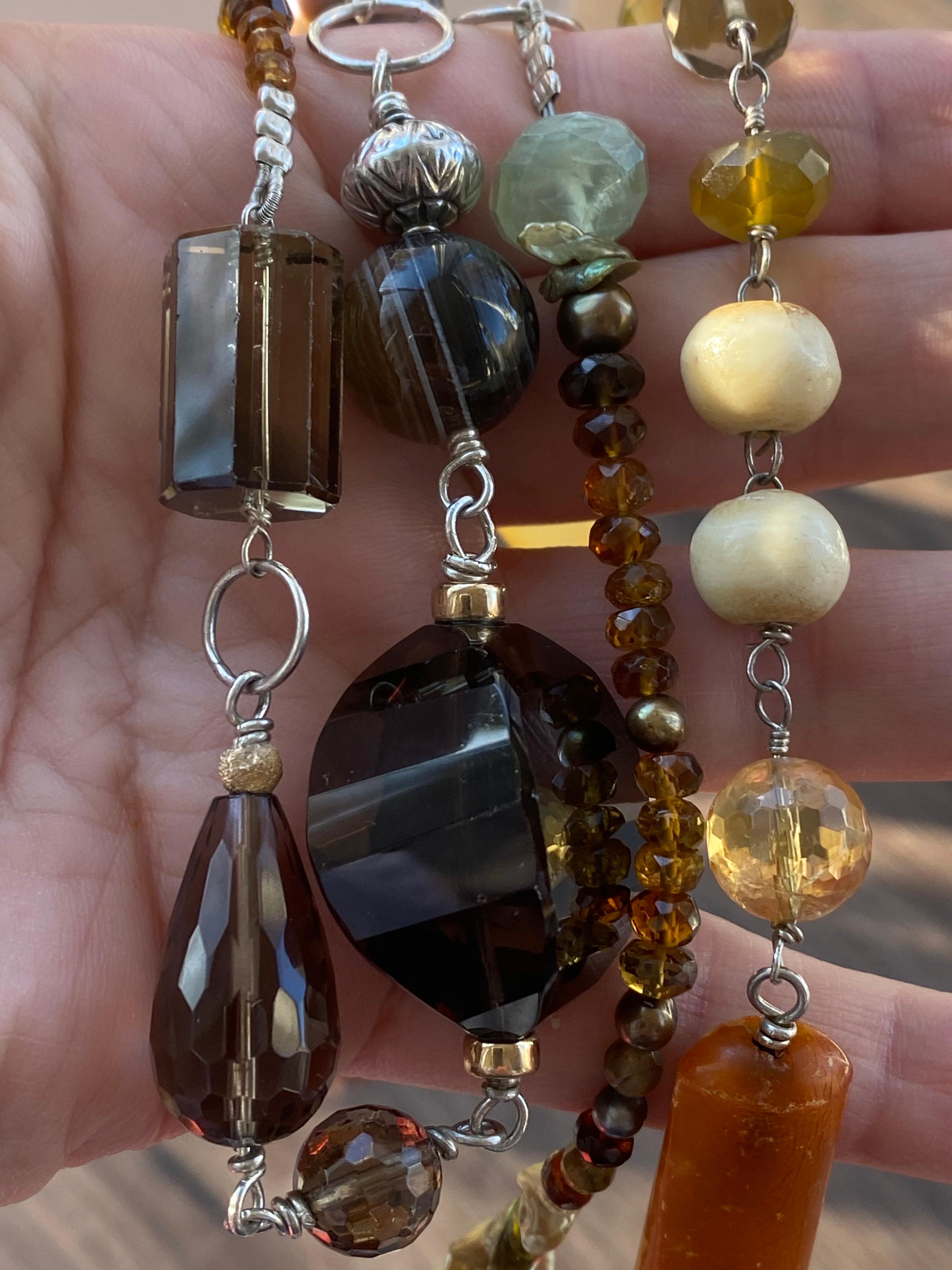 Women's or Men's Statement Necklace with Amber, Brown Jade, Smokey Quartz, Citrine in Silver For Sale