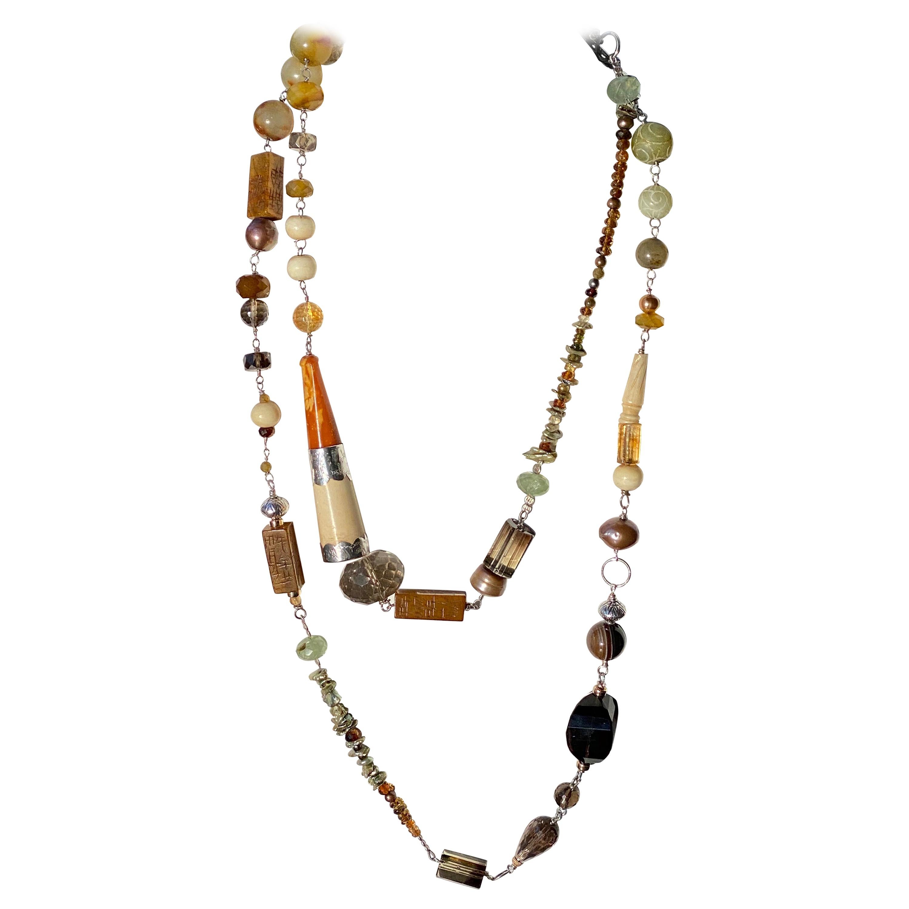 Statement Necklace with Amber, Brown Jade, Smokey Quartz, Citrine in Silver For Sale