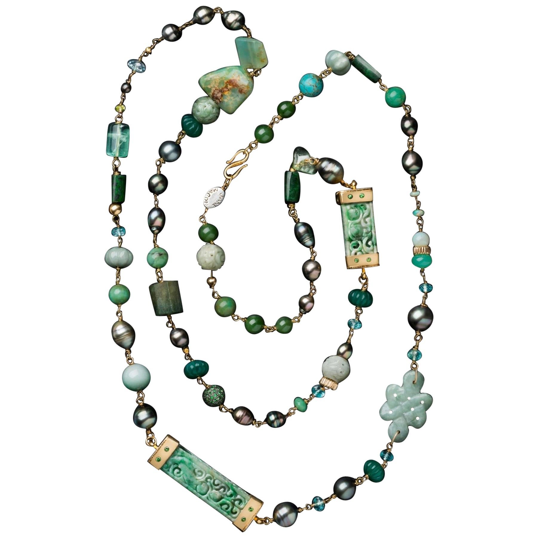 Presentation Necklace Jaidete, Jade, Tahitian Pearl and Multi Gems 18 Karat Gold For Sale