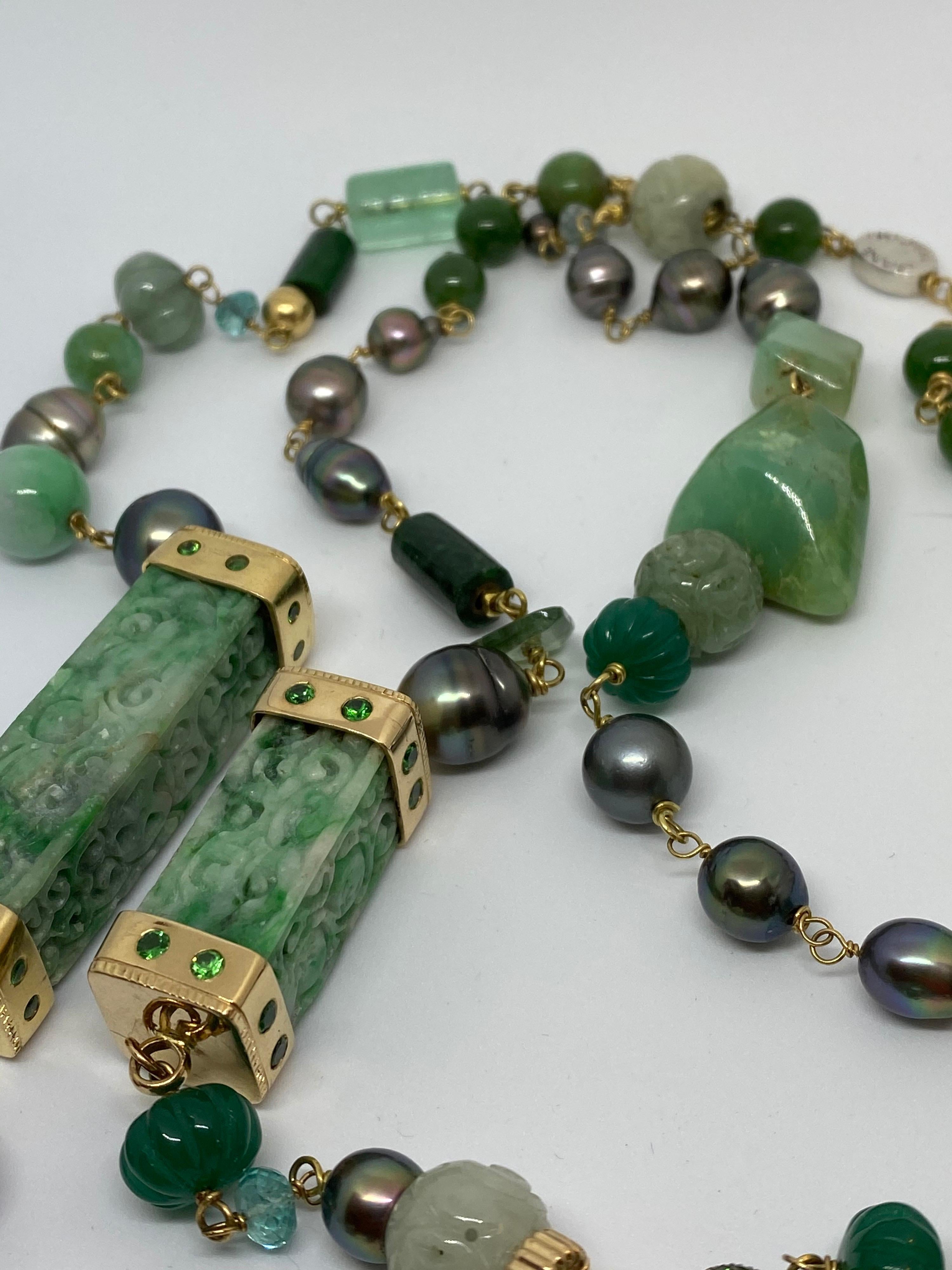 Women's or Men's Presentation Necklace Jaidete, Jade, Tahitian Pearl and Multi Gems 18 Karat Gold For Sale