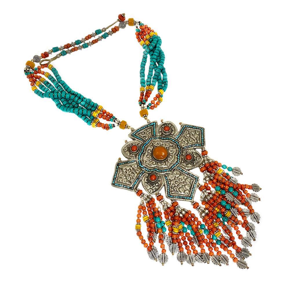 Artisan Statement Necklace with Nepal Plaque and Beaded Fringes For Sale